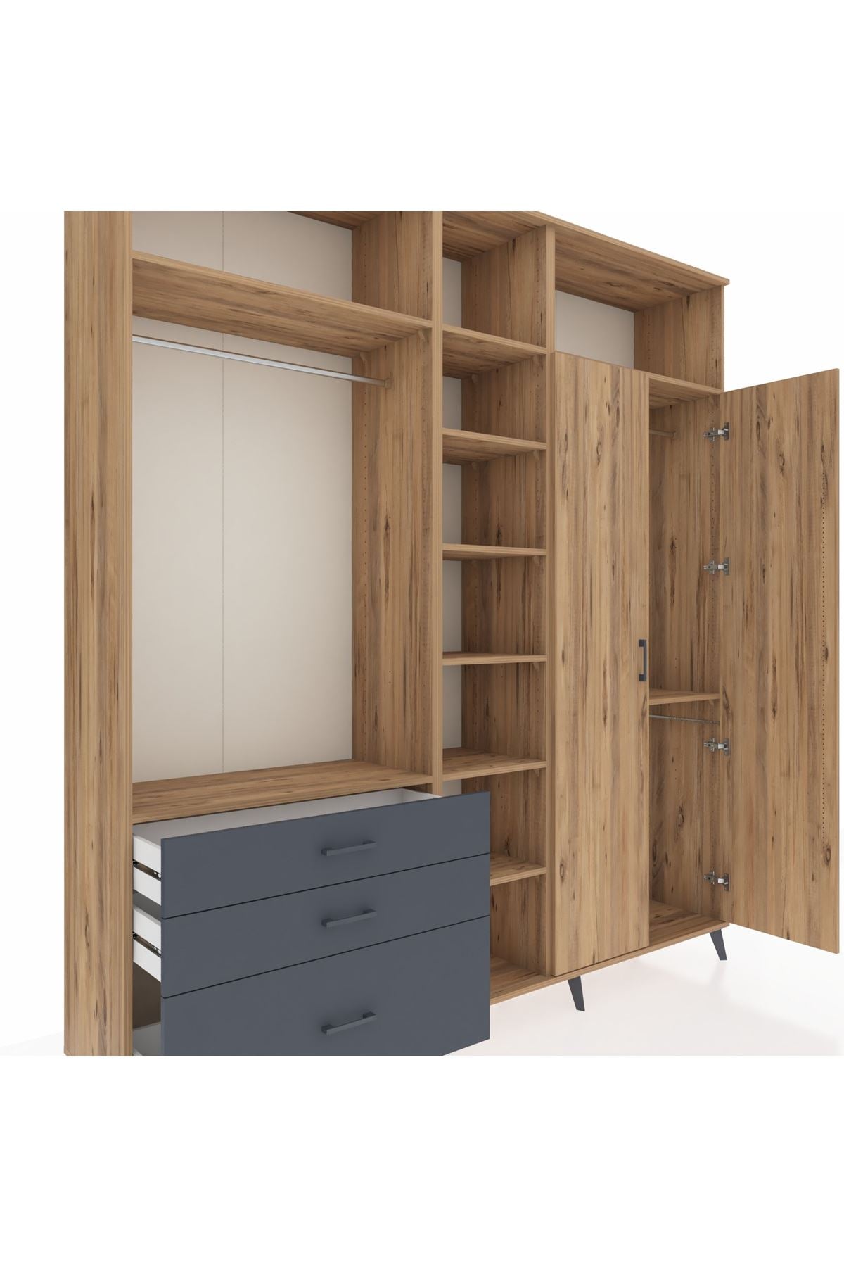 Hyperion Dolap 10 Raflı 3 Çekmeceli 2 Askılı 220x44x243 Çam-Çam/Antrasit