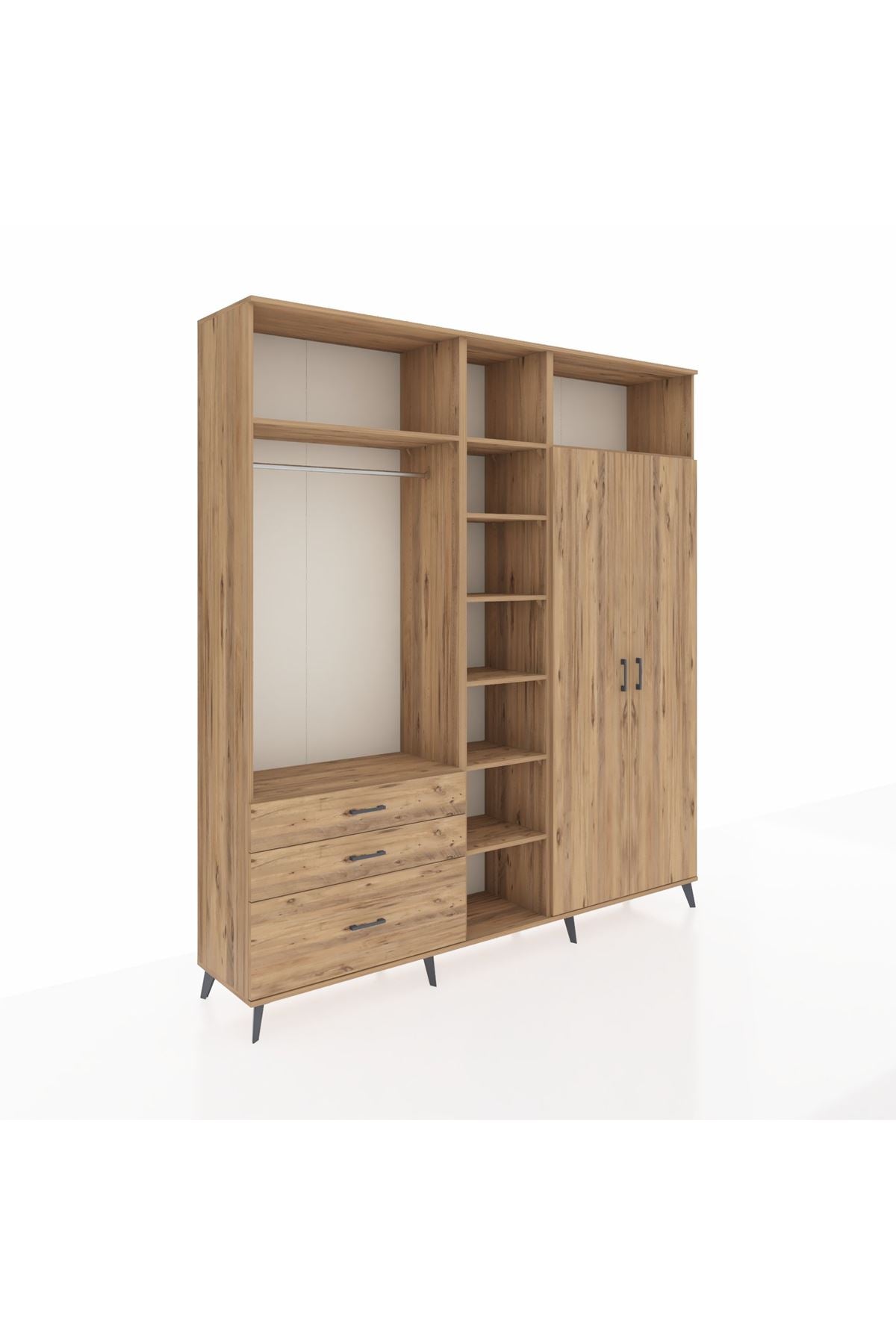 Hyperion Dolap 10 Raflı 3 Çekmeceli 2 Askılı 220x44x243 Çam-Çam/Çam