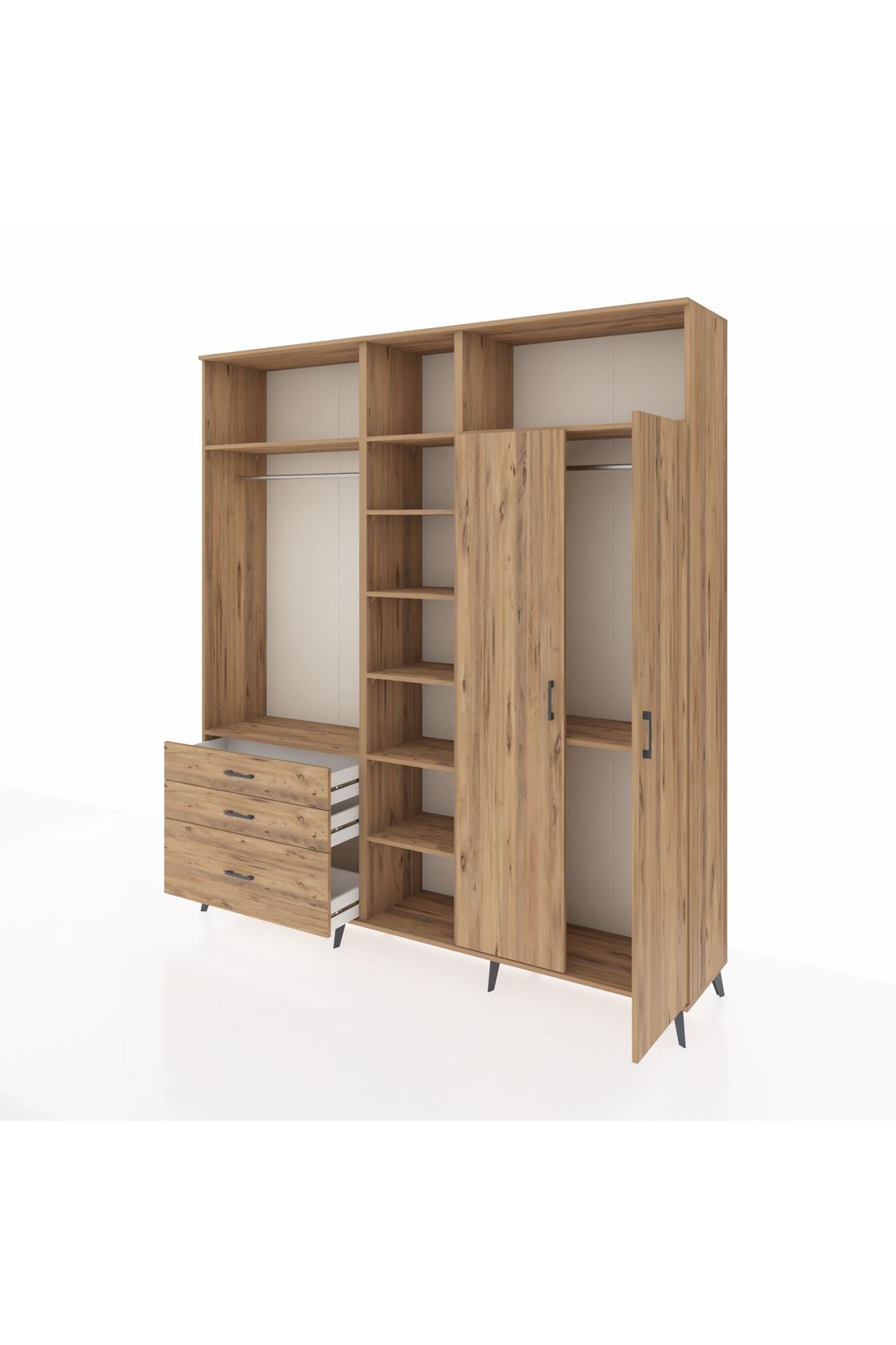 Hyperion Dolap 10 Raflı 3 Çekmeceli 2 Askılı 220x44x243 Çam-Çam/Çam