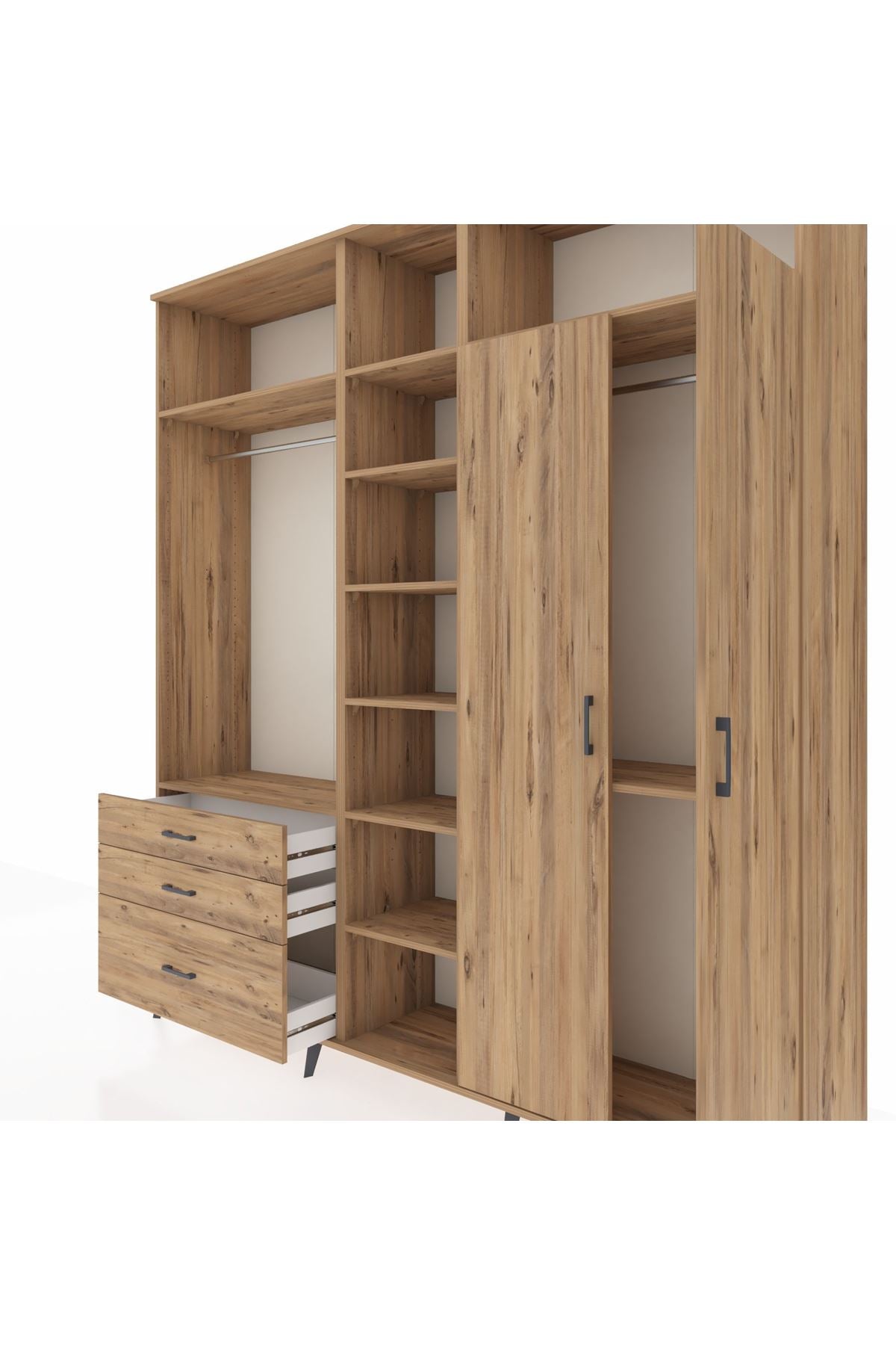 Hyperion Dolap 10 Raflı 3 Çekmeceli 2 Askılı 220x44x243 Çam-Çam/Çam