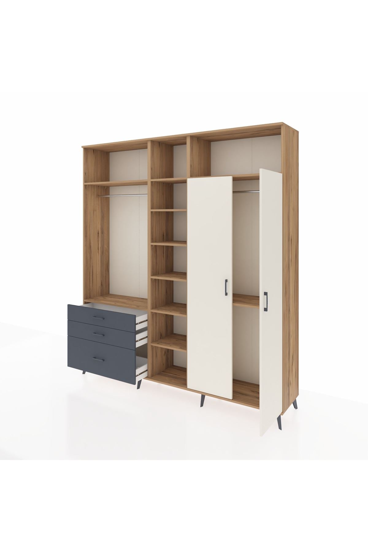 Hyperion Dolap 10 Raflı 3 Çekmeceli 2 Askılı 220x44x243 Çam-Aytaşı/Antrasit