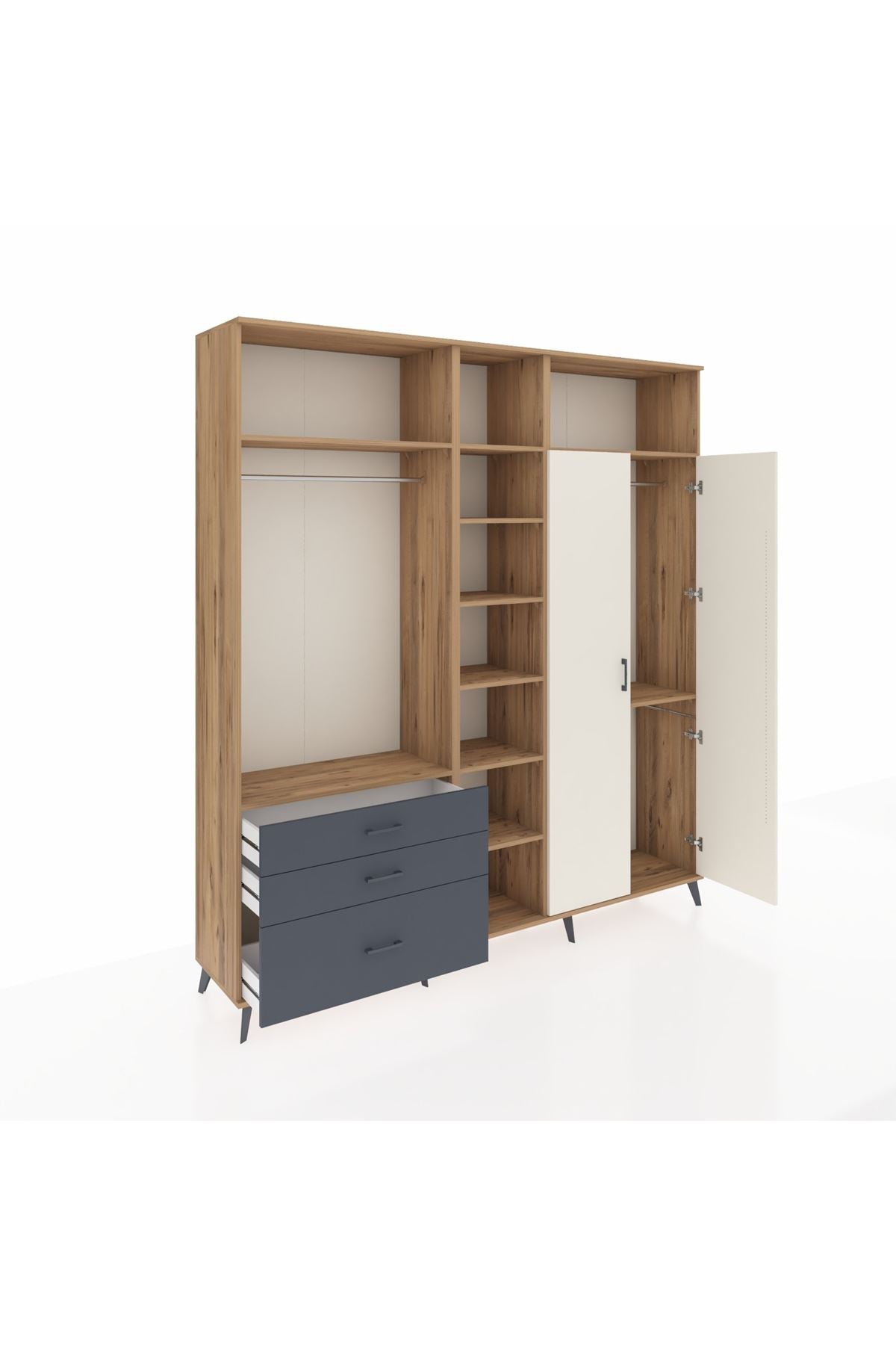 Hyperion Dolap 10 Raflı 3 Çekmeceli 2 Askılı 220x44x243 Çam-Aytaşı/Antrasit