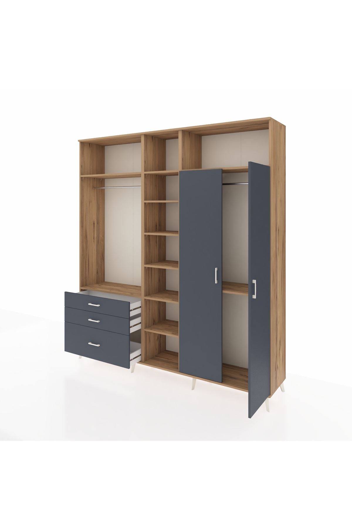 Hyperion Dolap 10 Raflı 3 Çekmeceli 2 Askılı 220x44x243 Çam-Antrasit/Antrasit