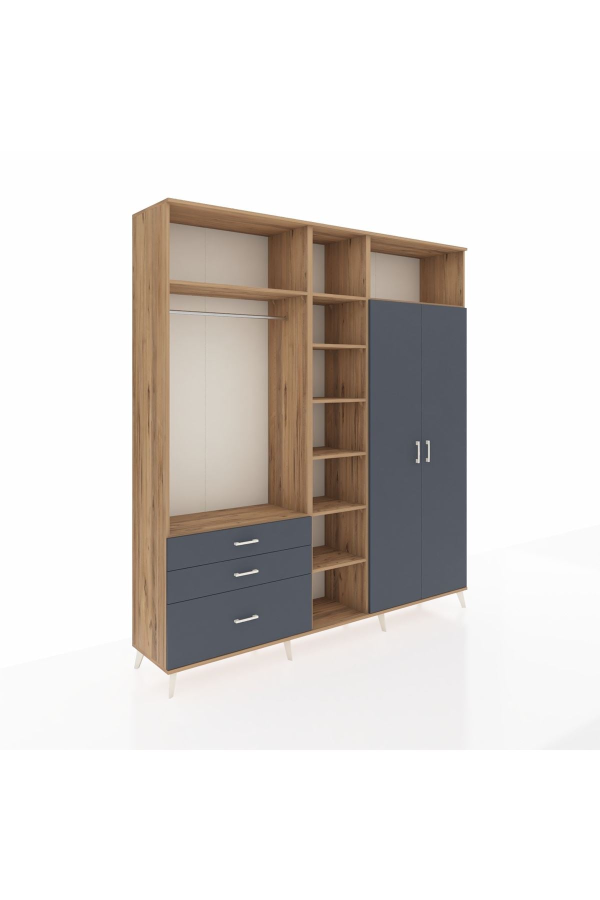 Hyperion Dolap 10 Raflı 3 Çekmeceli 2 Askılı 220x44x243 Çam-Antrasit/Antrasit