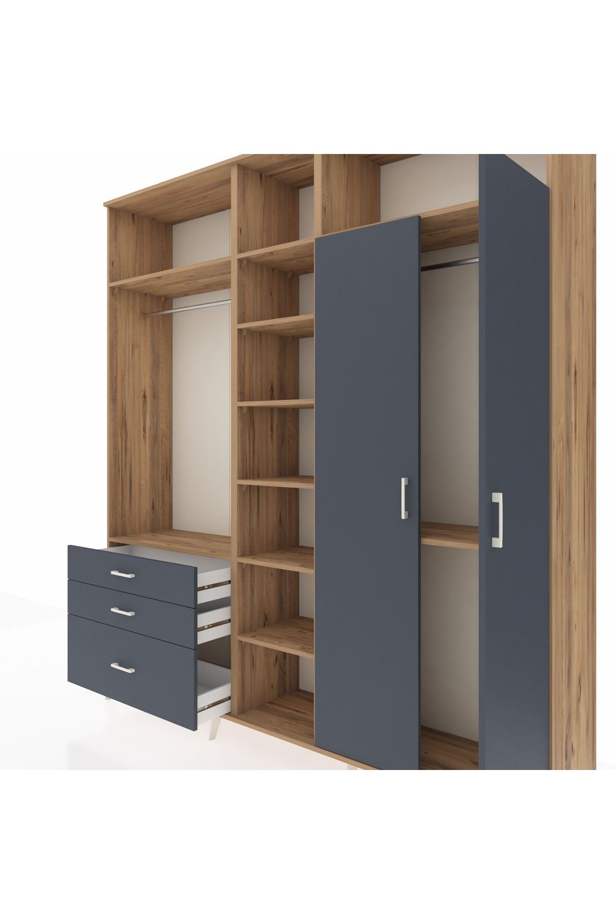 Hyperion Dolap 10 Raflı 3 Çekmeceli 2 Askılı 220x44x243 Çam-Antrasit/Antrasit