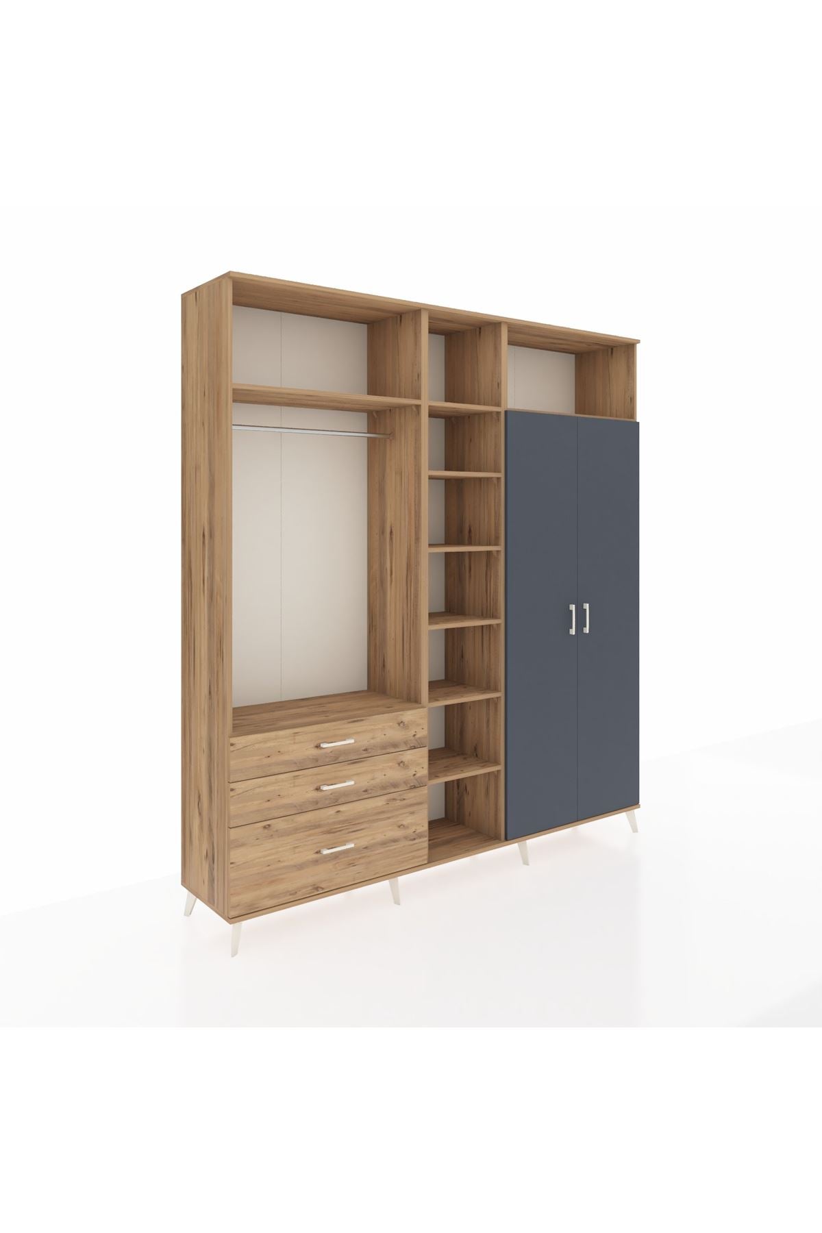 Hyperion Dolap 10 Raflı 3 Çekmeceli 2 Askılı 220x44x243 Çam-Antrasit/Çam