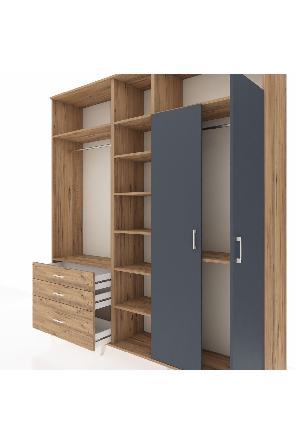 Hyperion Dolap 10 Raflı 3 Çekmeceli 2 Askılı 220x44x243 Çam-Antrasit/Çam