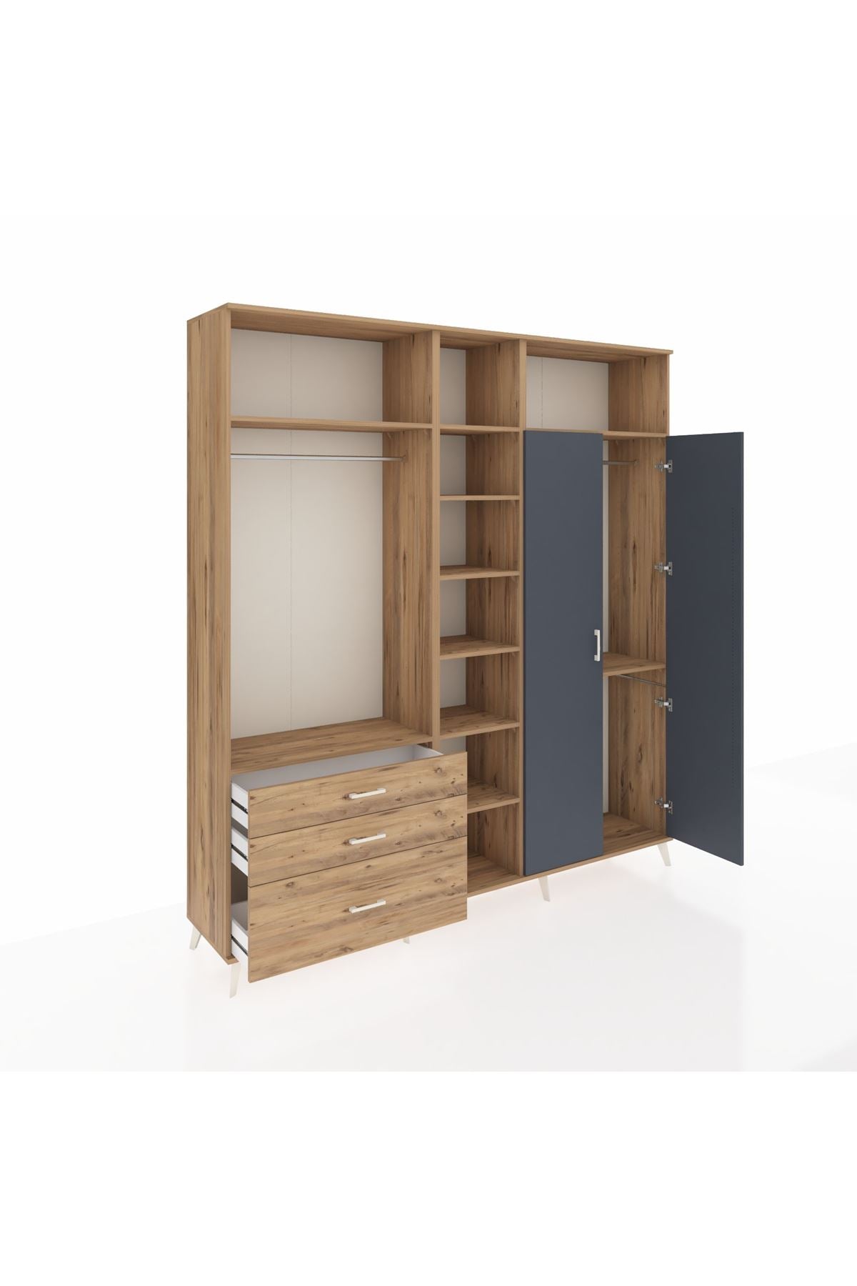 Hyperion Dolap 10 Raflı 3 Çekmeceli 2 Askılı 220x44x243 Çam-Antrasit/Çam