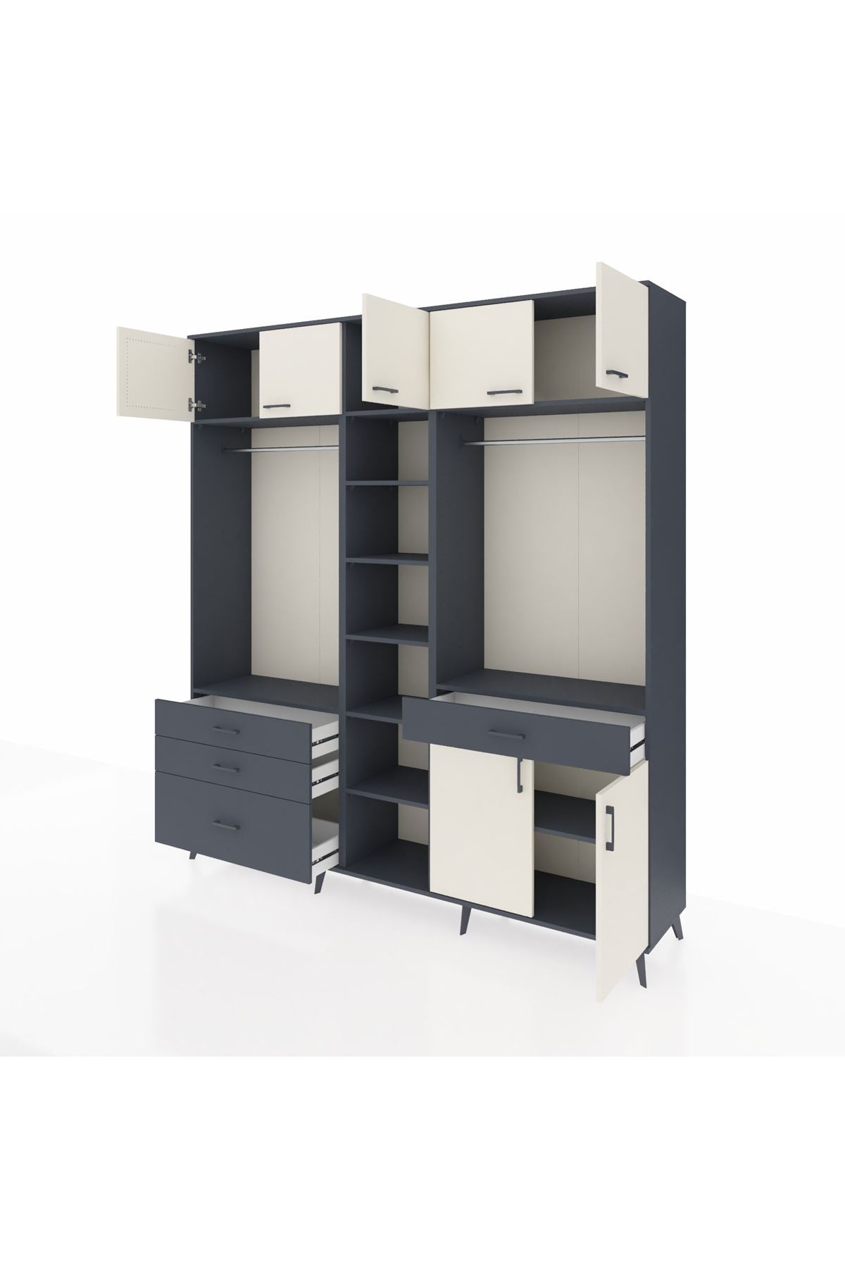 Hyperion Dolap 11 Raflı 4 Çekmeceli 2 Askılı 220x44x243 Antrasit-Aytaşı/Antrasit