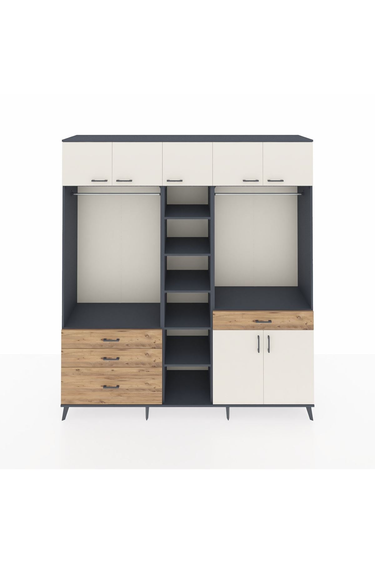 Hyperion Dolap 11 Raflı 4 Çekmeceli 2 Askılı 220x44x243 Antrasit-Aytaşı/Çam