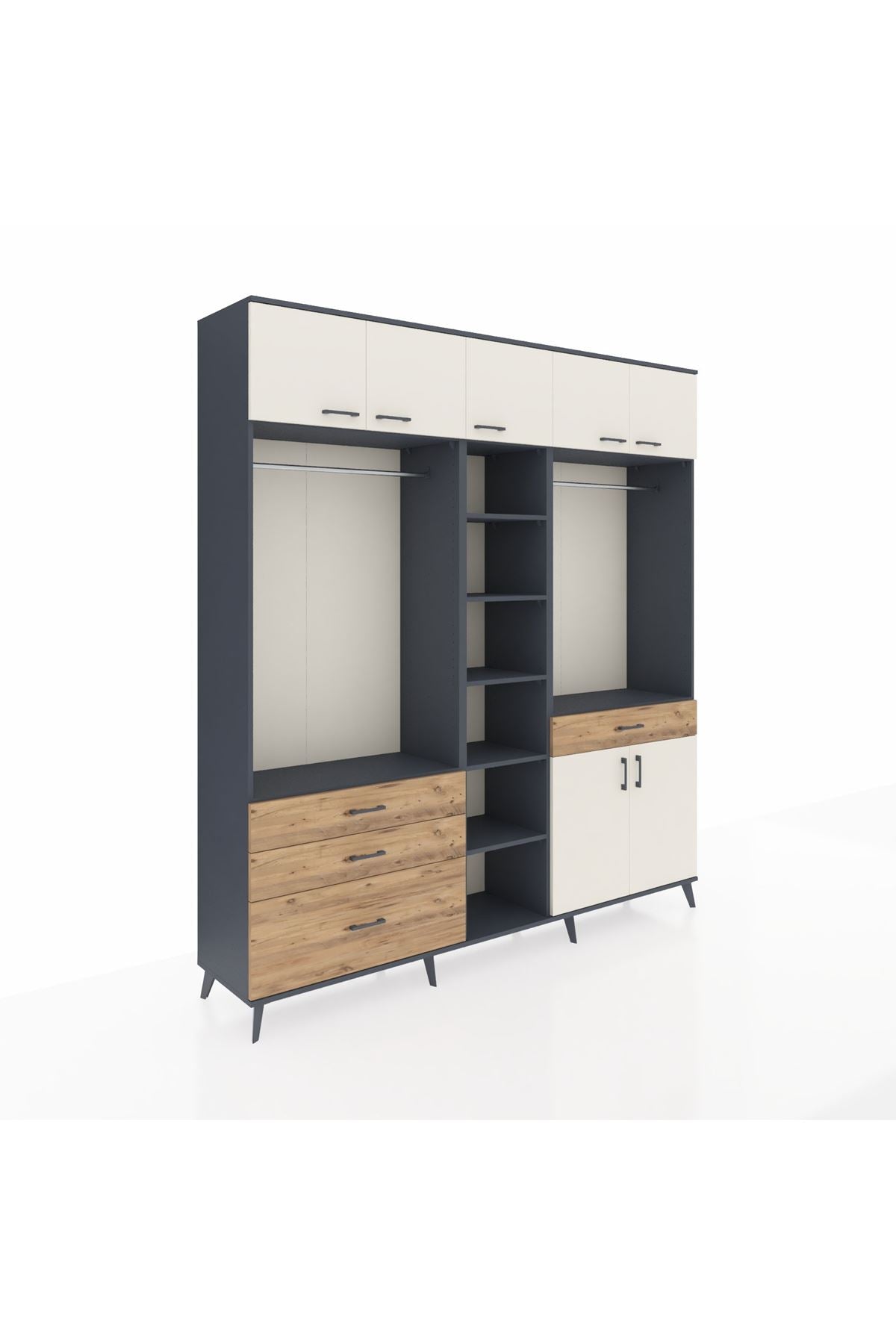 Hyperion Dolap 11 Raflı 4 Çekmeceli 2 Askılı 220x44x243 Antrasit-Aytaşı/Çam