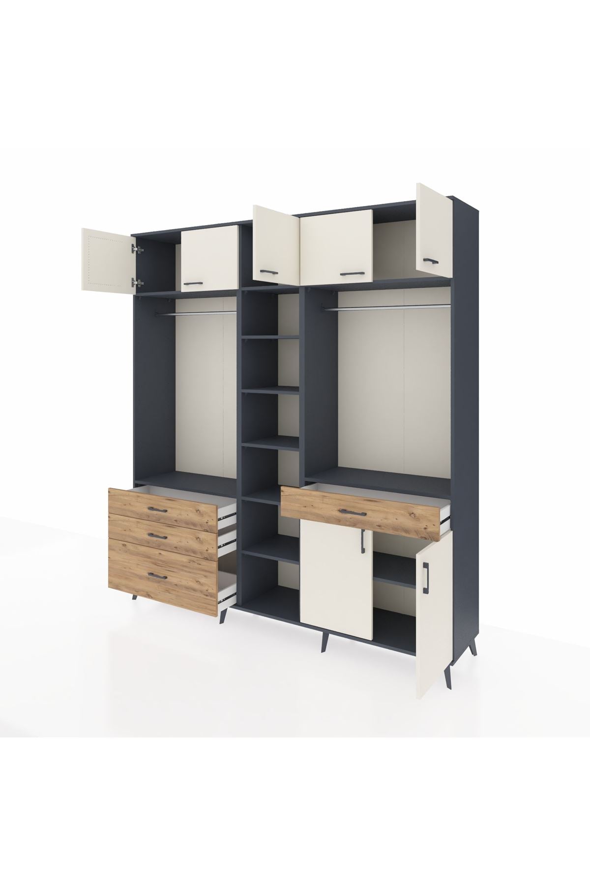 Hyperion Dolap 11 Raflı 4 Çekmeceli 2 Askılı 220x44x243 Antrasit-Aytaşı/Çam