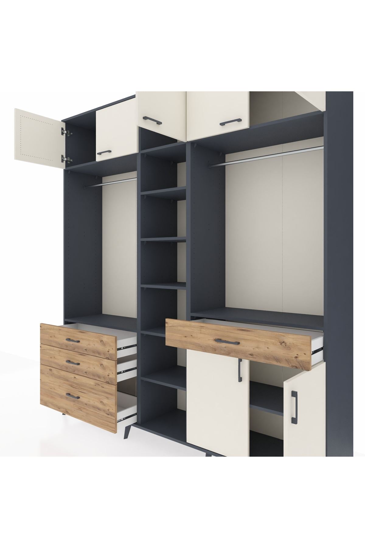 Hyperion Dolap 11 Raflı 4 Çekmeceli 2 Askılı 220x44x243 Antrasit-Aytaşı/Çam