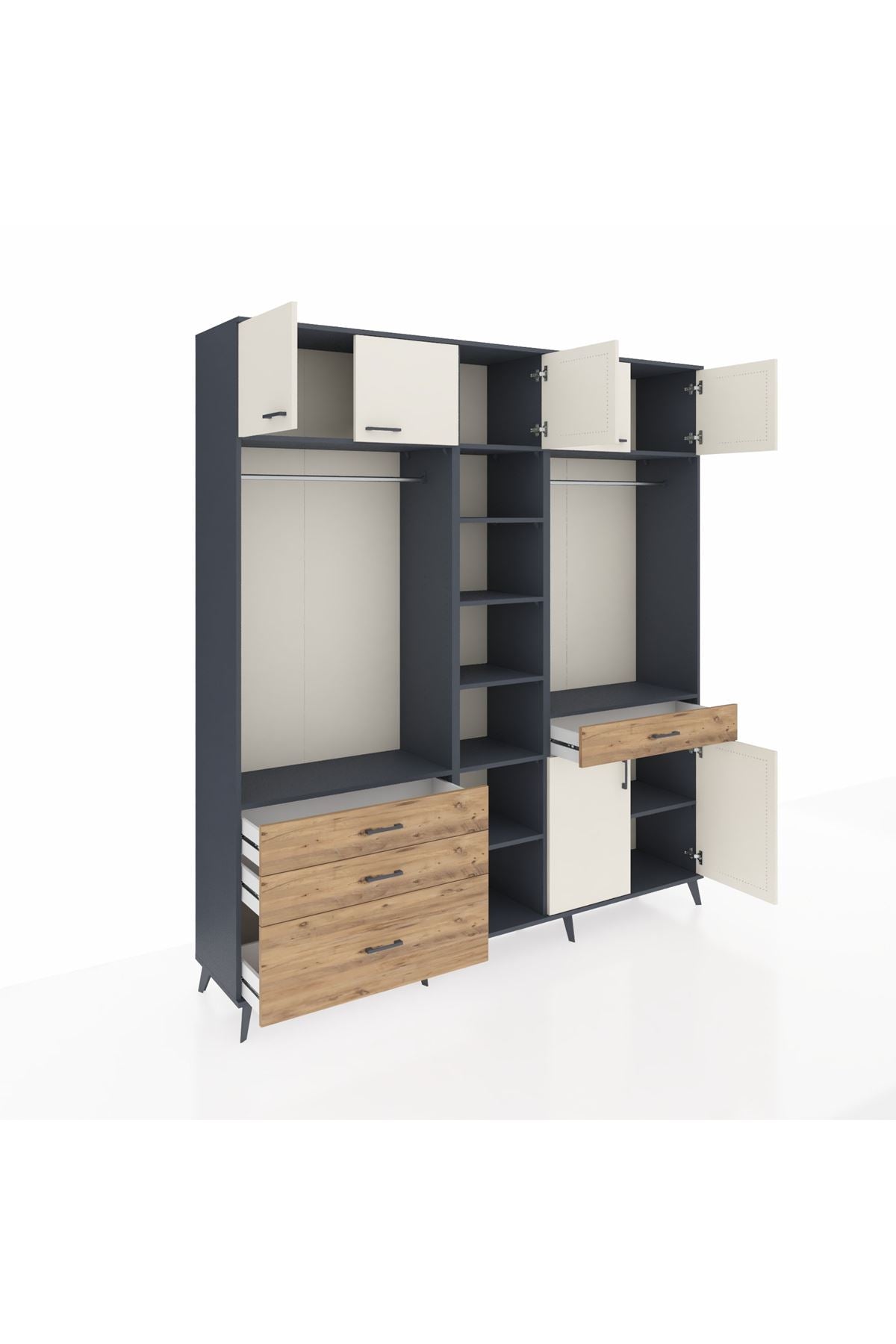 Hyperion Dolap 11 Raflı 4 Çekmeceli 2 Askılı 220x44x243 Antrasit-Aytaşı/Çam