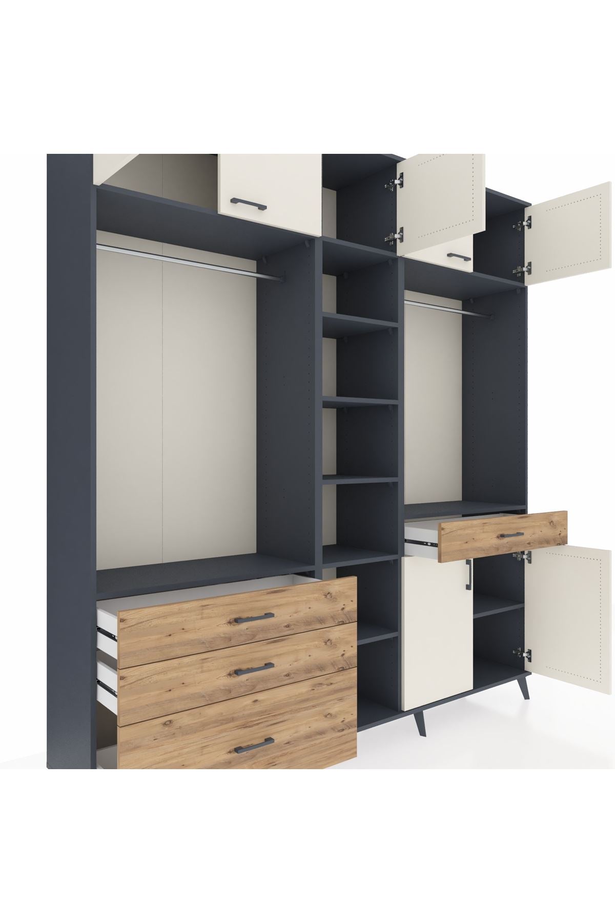 Hyperion Dolap 11 Raflı 4 Çekmeceli 2 Askılı 220x44x243 Antrasit-Aytaşı/Çam