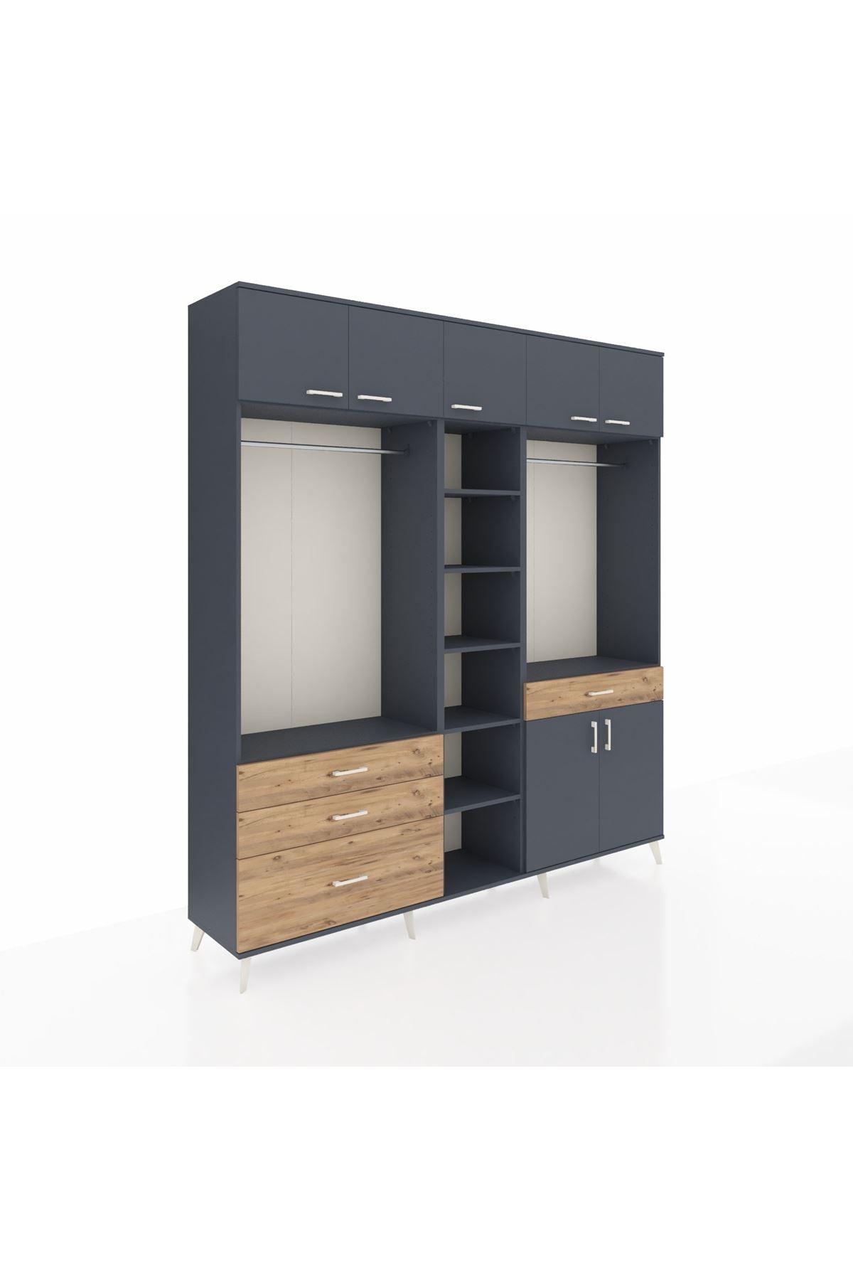 Hyperion Dolap 11 Raflı 4 Çekmeceli 2 Askılı 220x44x243 Antrasit-Antrasit/Çam