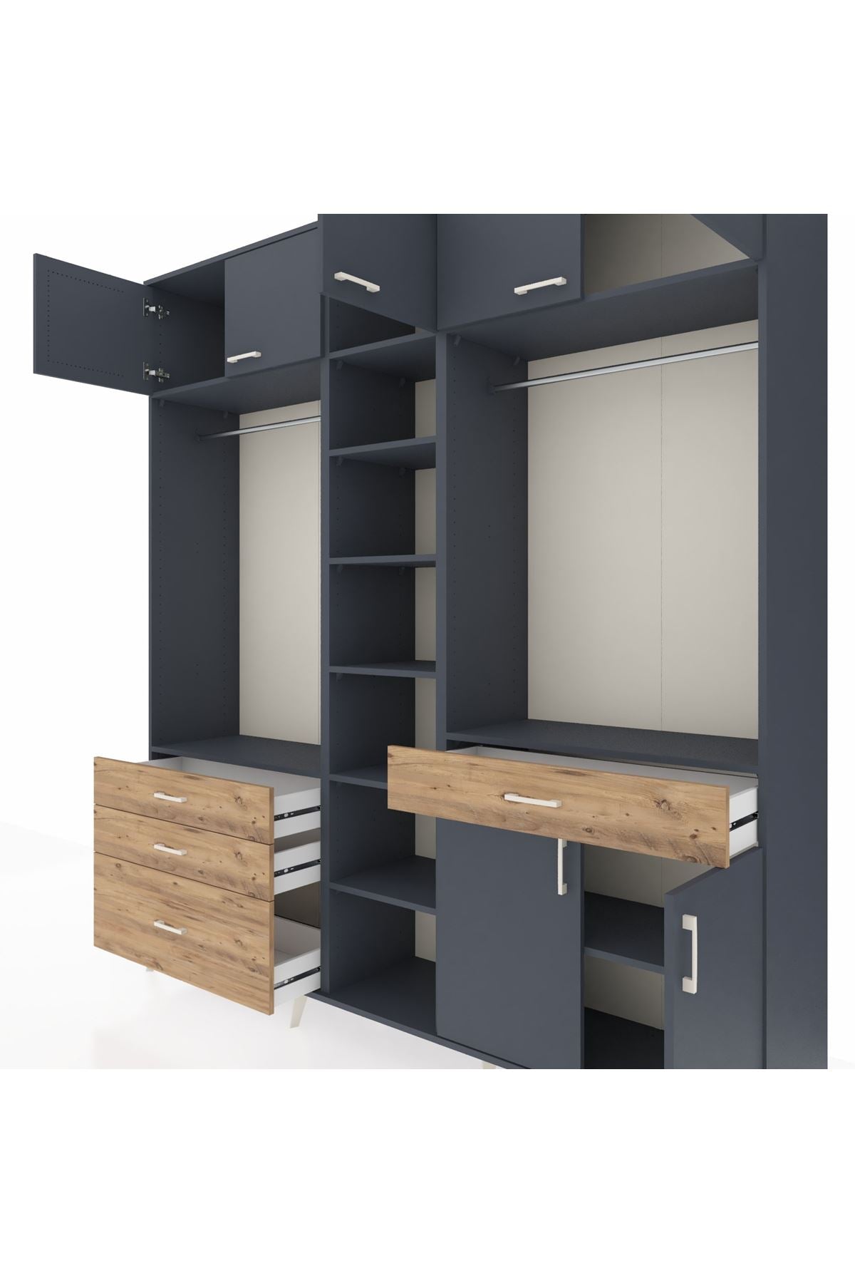 Hyperion Dolap 11 Raflı 4 Çekmeceli 2 Askılı 220x44x243 Antrasit-Antrasit/Çam