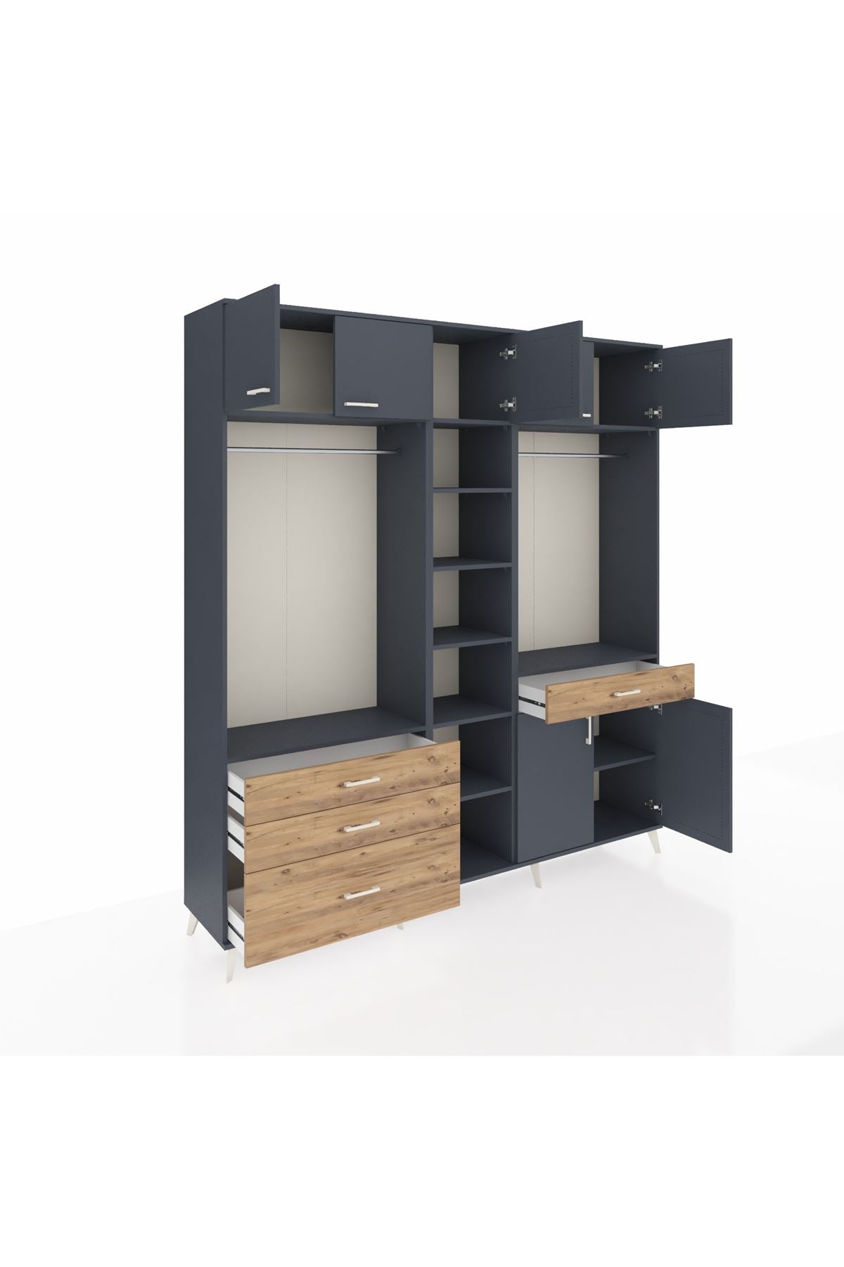 Hyperion Dolap 11 Raflı 4 Çekmeceli 2 Askılı 220x44x243 Antrasit-Antrasit/Çam