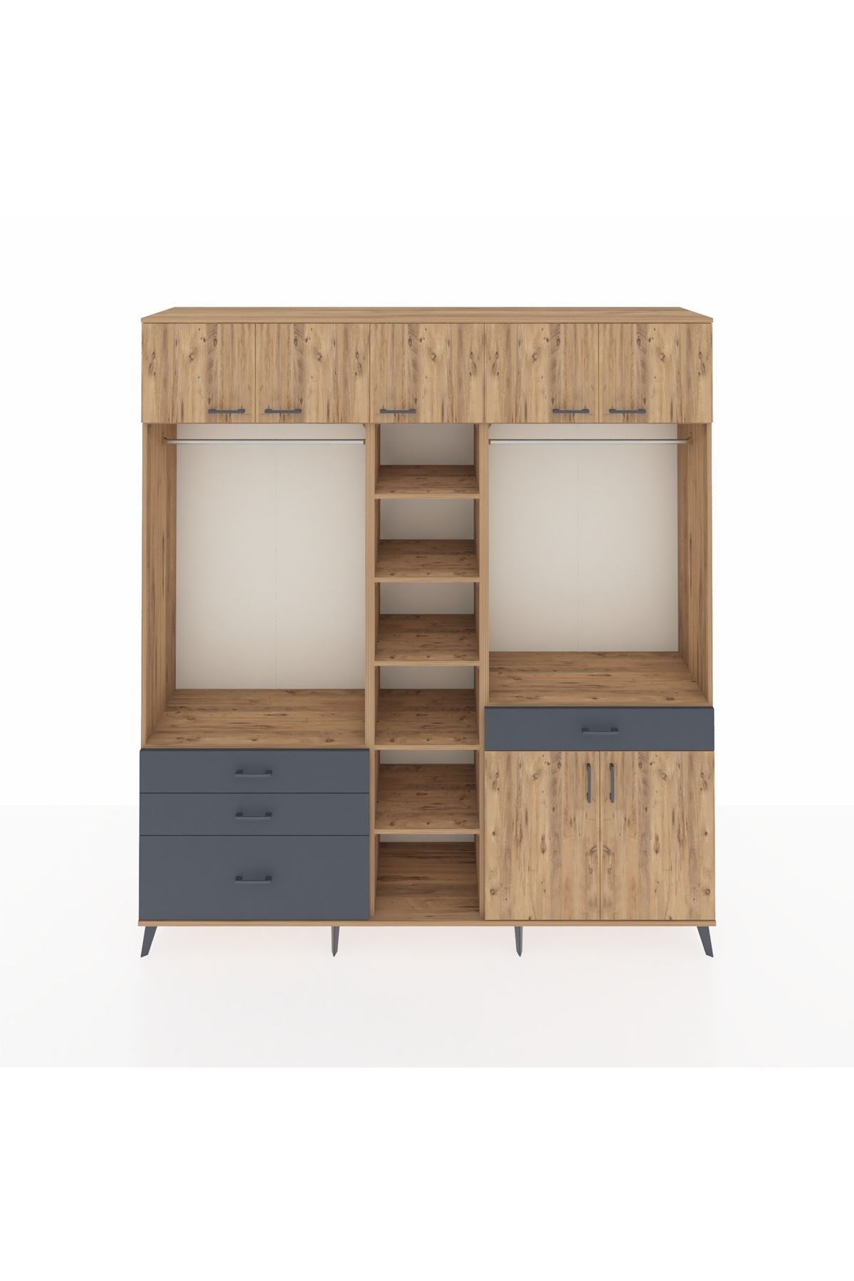 Hyperion Dolap 11 Raflı 4 Çekmeceli 2 Askılı 220x44x243 Çam-Çam/Antrasit