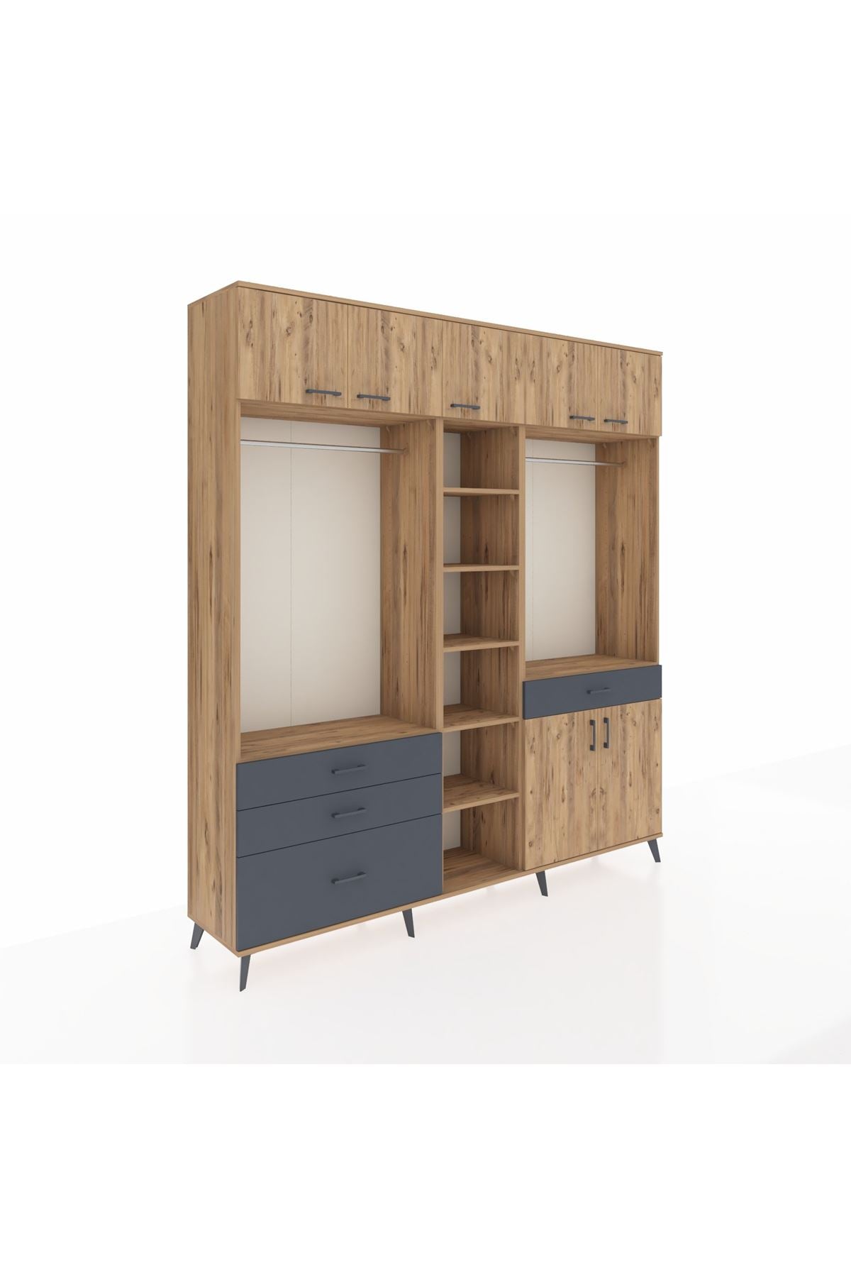 Hyperion Dolap 11 Raflı 4 Çekmeceli 2 Askılı 220x44x243 Çam-Çam/Antrasit