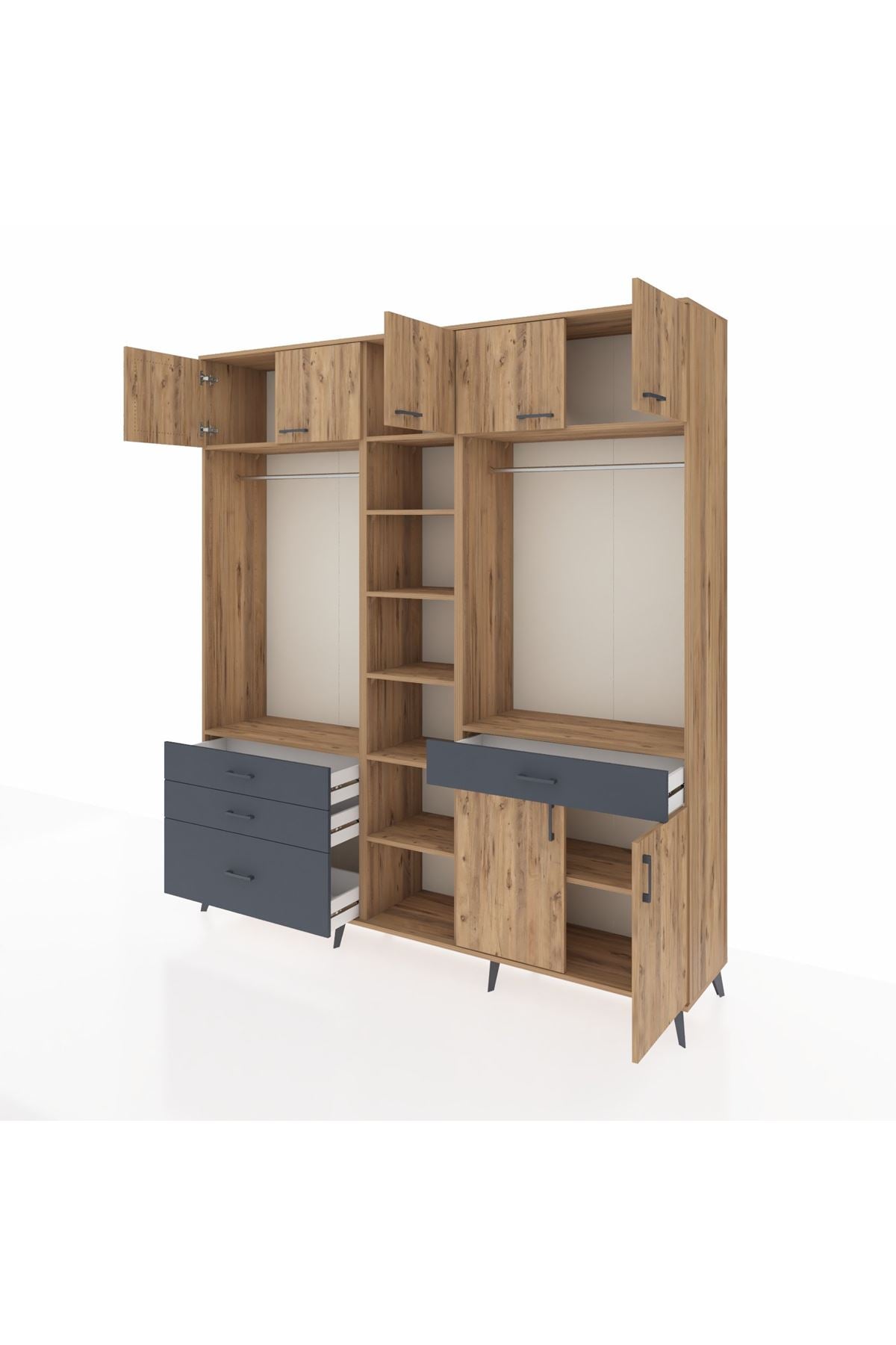 Hyperion Dolap 11 Raflı 4 Çekmeceli 2 Askılı 220x44x243 Çam-Çam/Antrasit