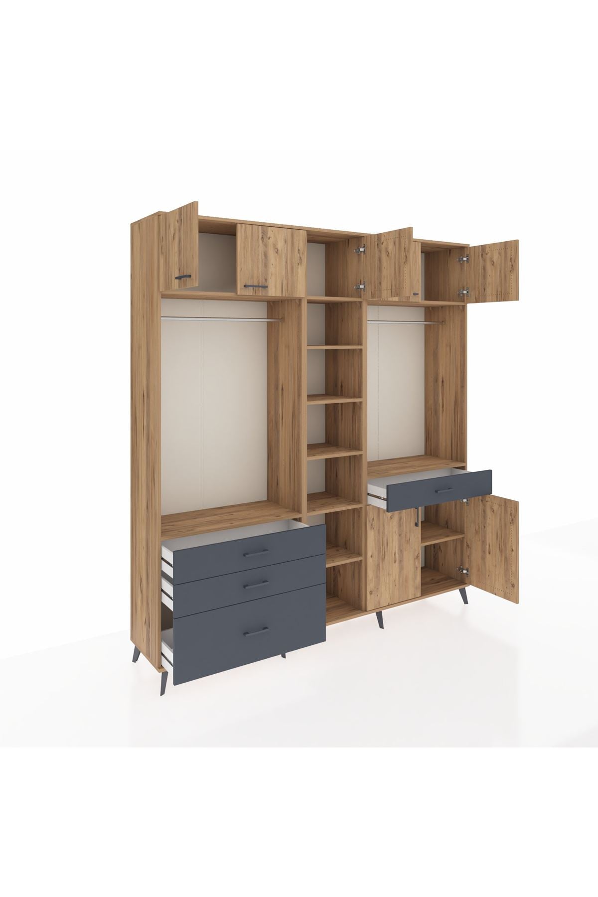 Hyperion Dolap 11 Raflı 4 Çekmeceli 2 Askılı 220x44x243 Çam-Çam/Antrasit