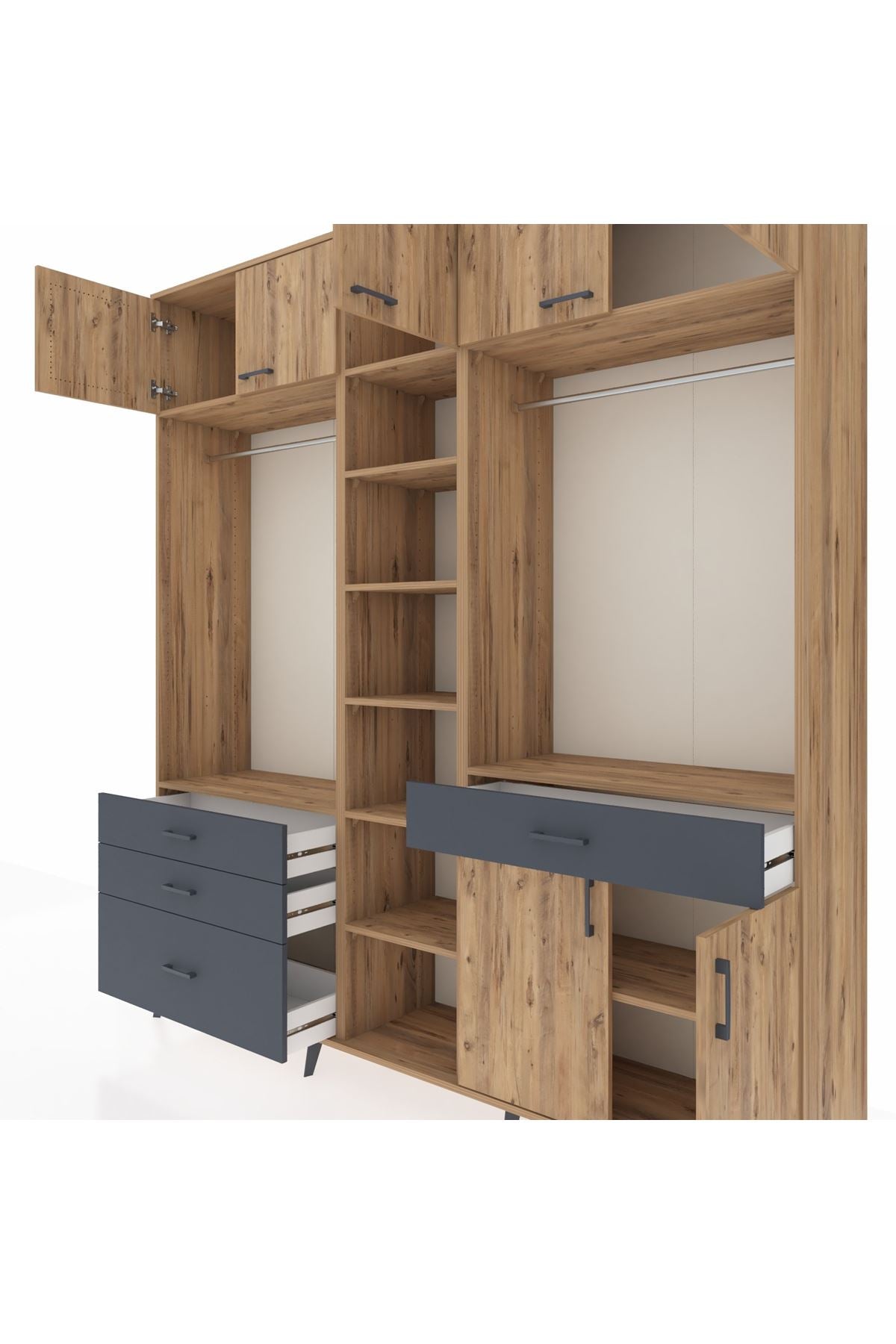 Hyperion Dolap 11 Raflı 4 Çekmeceli 2 Askılı 220x44x243 Çam-Çam/Antrasit