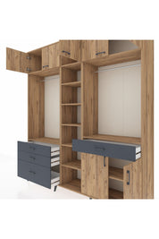 Hyperion Dolap 11 Raflı 4 Çekmeceli 2 Askılı 220x44x243 Çam-Çam/Antrasit