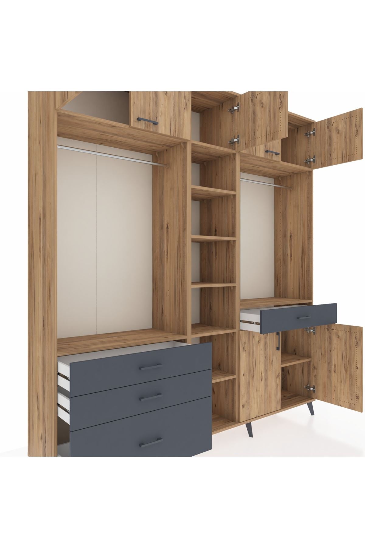 Hyperion Dolap 11 Raflı 4 Çekmeceli 2 Askılı 220x44x243 Çam-Çam/Antrasit