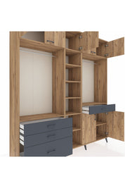 Hyperion Dolap 11 Raflı 4 Çekmeceli 2 Askılı 220x44x243 Çam-Çam/Antrasit