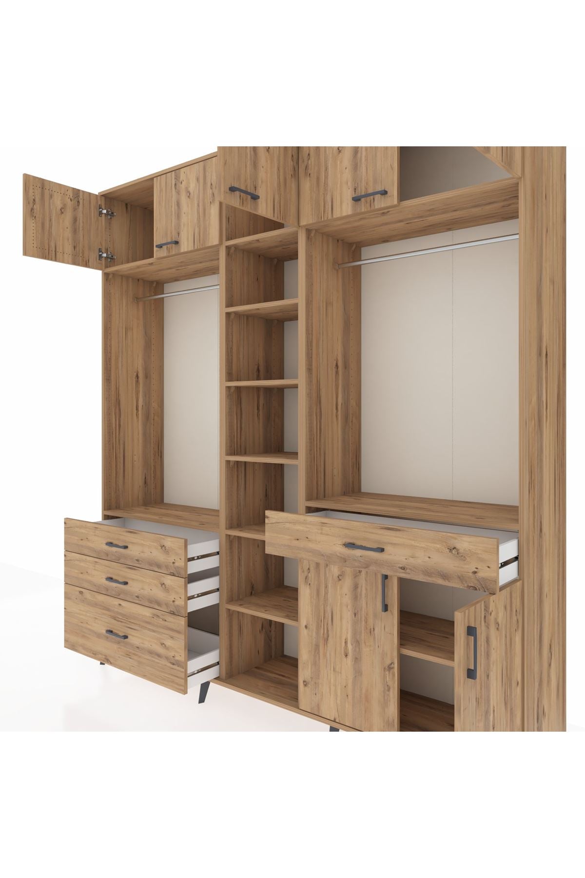 Hyperion Gardrop 11 Raflı 4 Çekmeceli 2 Askılı 220x44x243 Çam-Çam/Çam