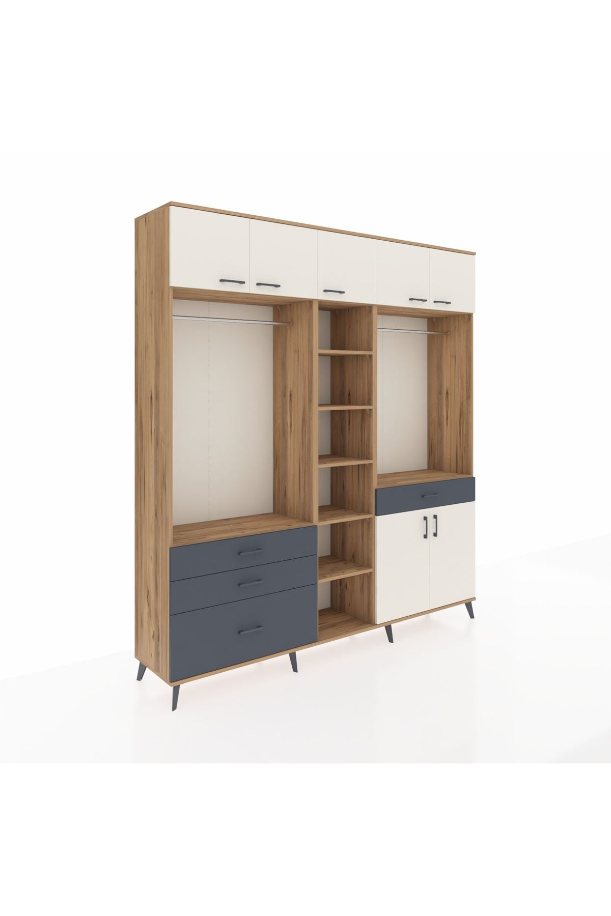 Hyperion Dolap 11 Raflı 4 Çekmeceli 2 Askılı 220x44x243 Çam-Aytaşı/Antrasit