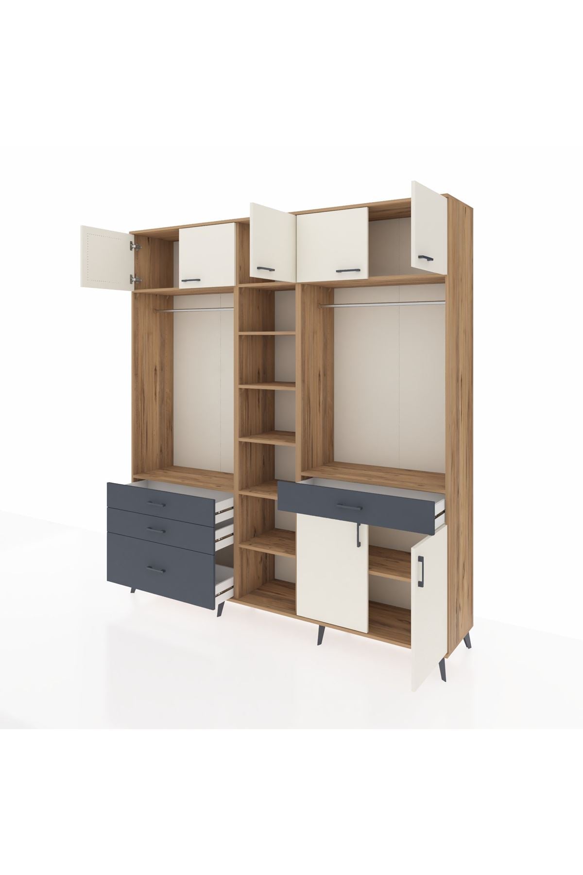 Hyperion Dolap 11 Raflı 4 Çekmeceli 2 Askılı 220x44x243 Çam-Aytaşı/Antrasit