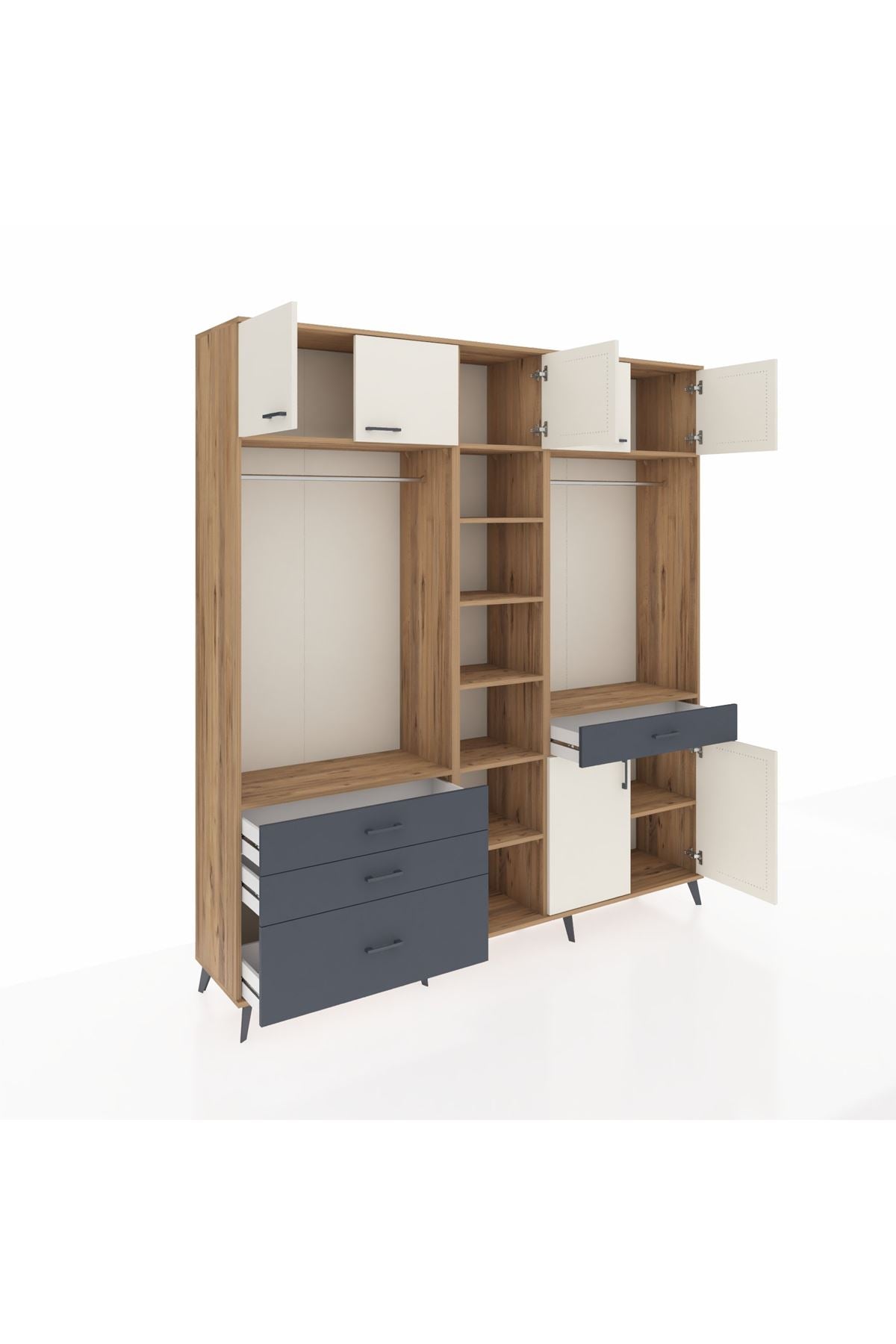 Hyperion Dolap 11 Raflı 4 Çekmeceli 2 Askılı 220x44x243 Çam-Aytaşı/Antrasit