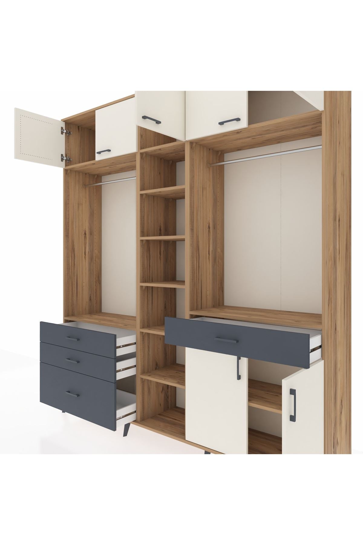 Hyperion Dolap 11 Raflı 4 Çekmeceli 2 Askılı 220x44x243 Çam-Aytaşı/Antrasit