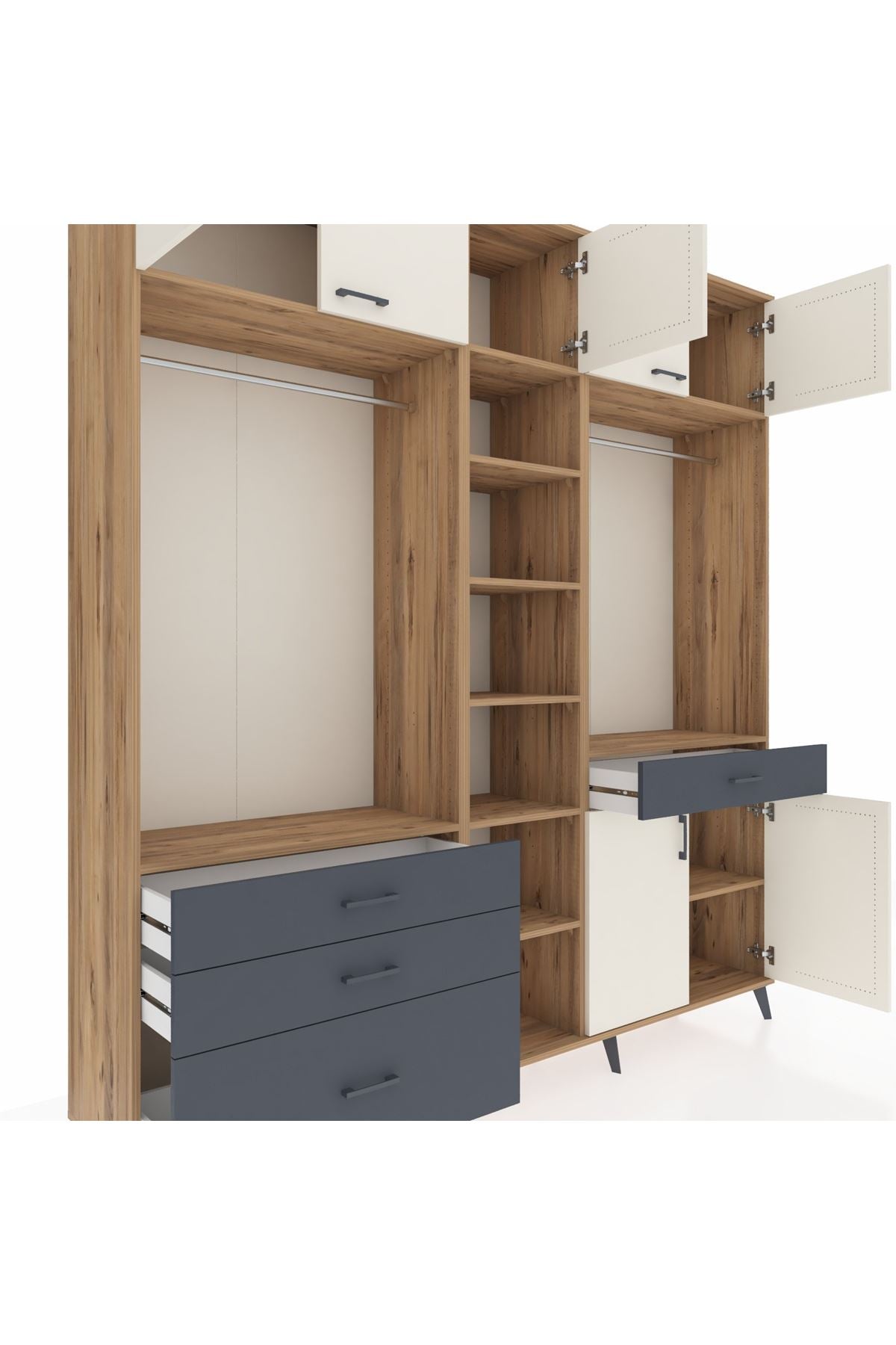 Hyperion Dolap 11 Raflı 4 Çekmeceli 2 Askılı 220x44x243 Çam-Aytaşı/Antrasit