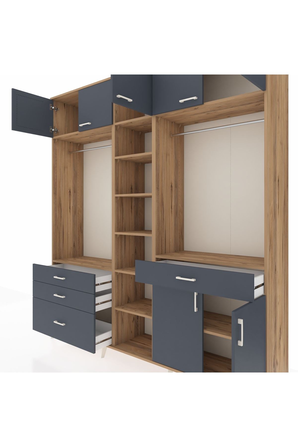 Hyperion Gardrop 11 Raflı 4 Çekmeceli 2 Askılı 220x44x243 Çam-Antrasit/Antrasit