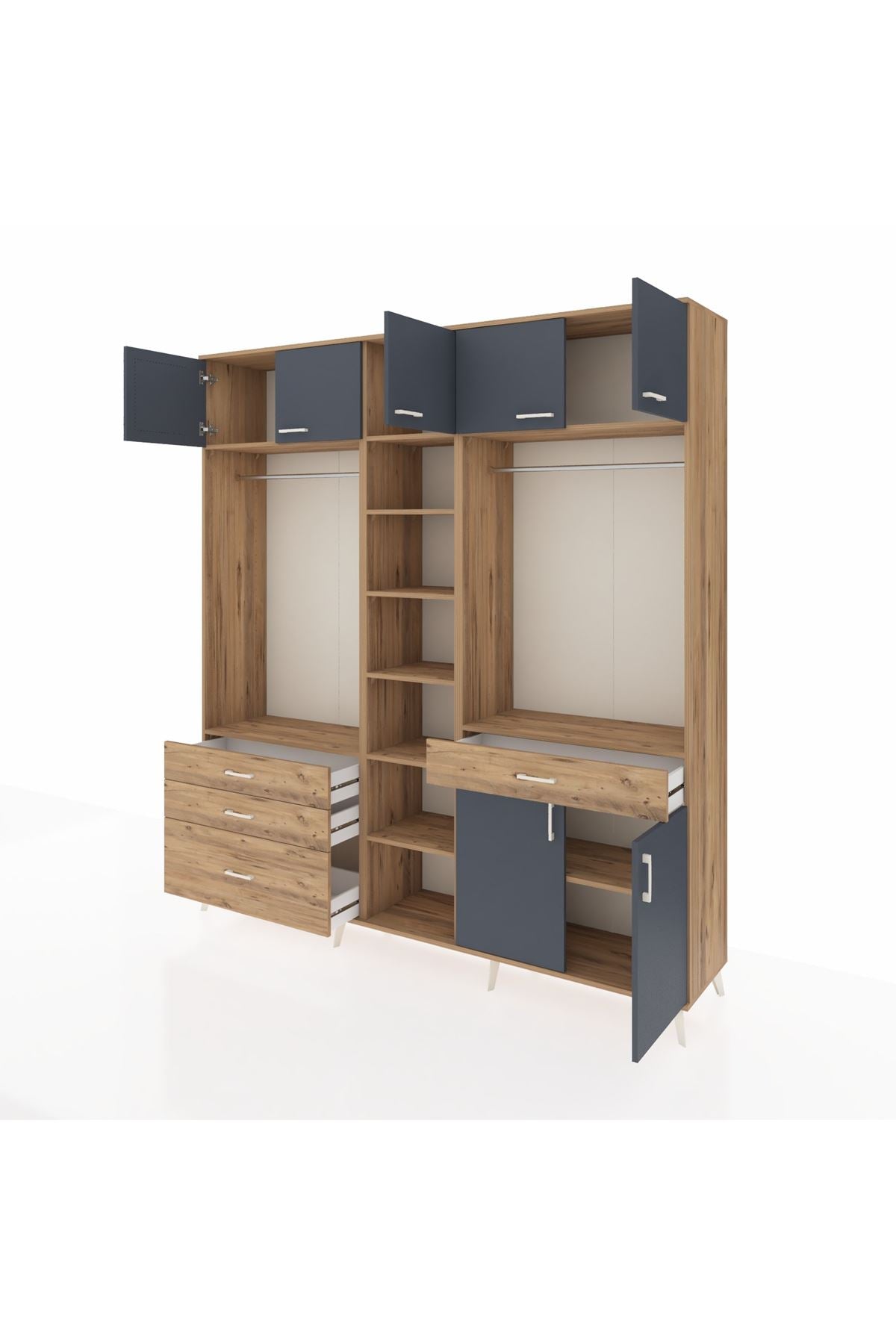 Hyperion Dolap 11 Raflı 4 Çekmeceli 2 Askılı 220x44x243 Çam-Antrasit/Çam