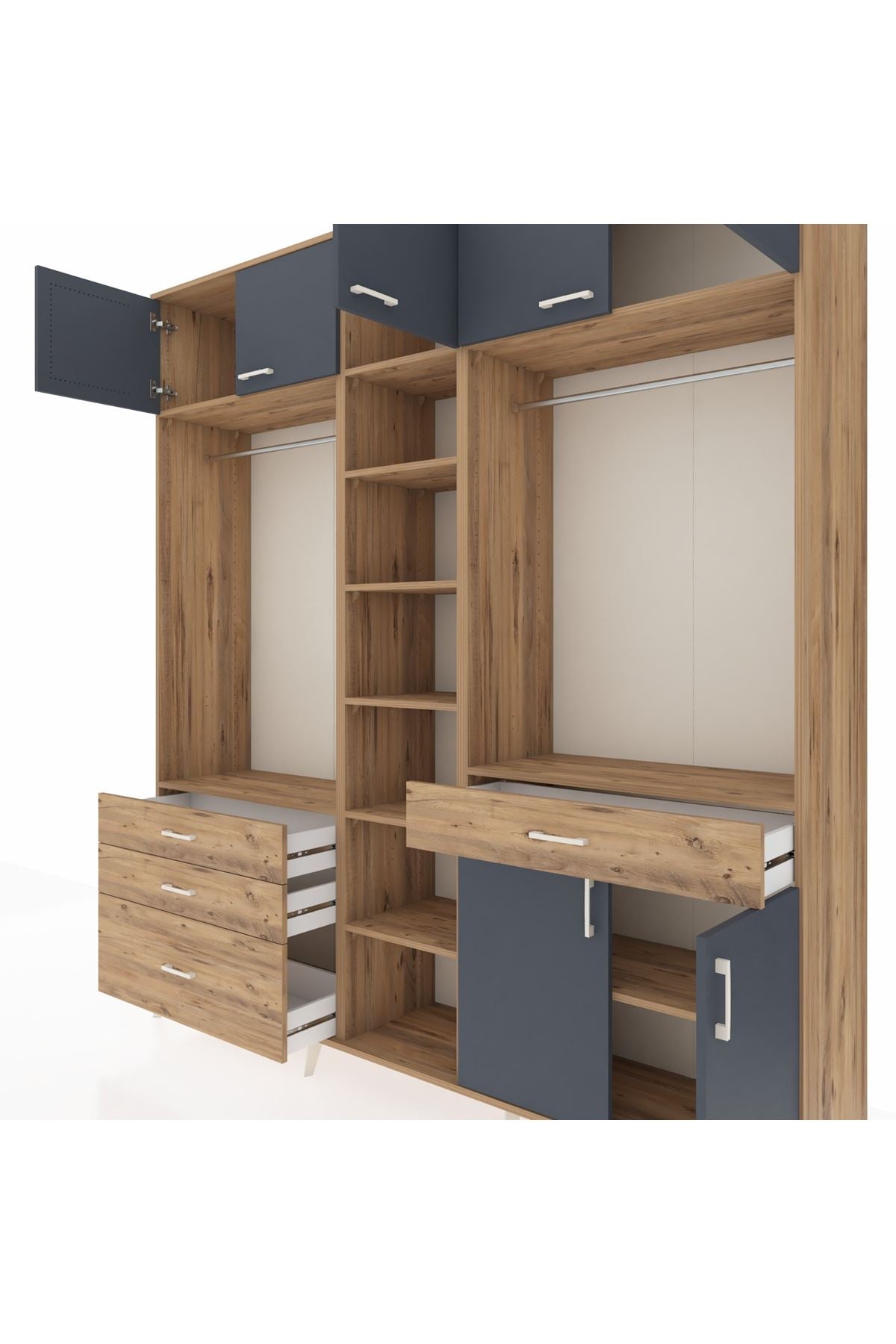 Hyperion Dolap 11 Raflı 4 Çekmeceli 2 Askılı 220x44x243 Çam-Antrasit/Çam