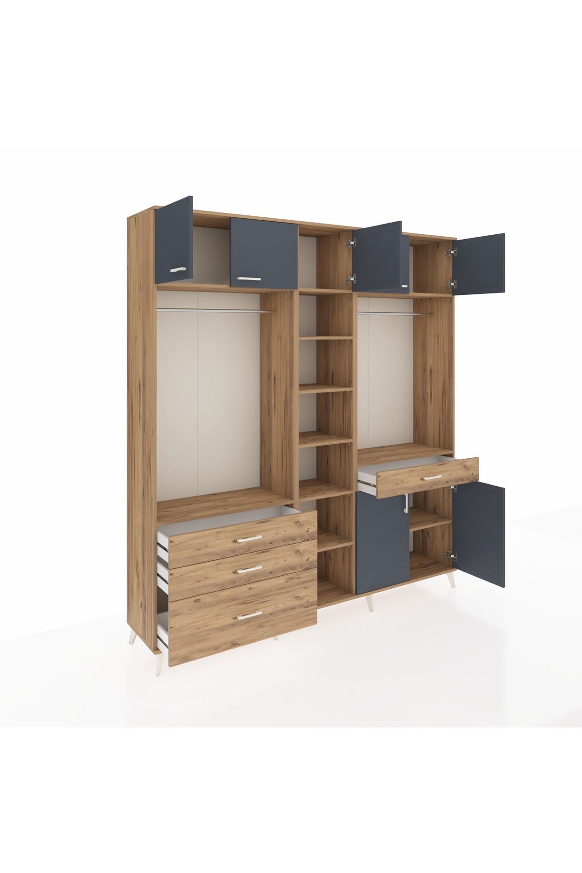 Hyperion Dolap 11 Raflı 4 Çekmeceli 2 Askılı 220x44x243 Çam-Antrasit/Çam