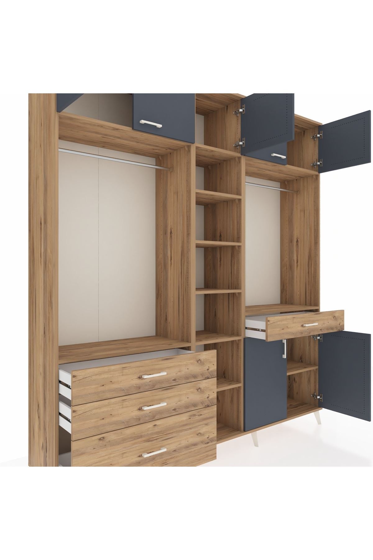 Hyperion Dolap 11 Raflı 4 Çekmeceli 2 Askılı 220x44x243 Çam-Antrasit/Çam