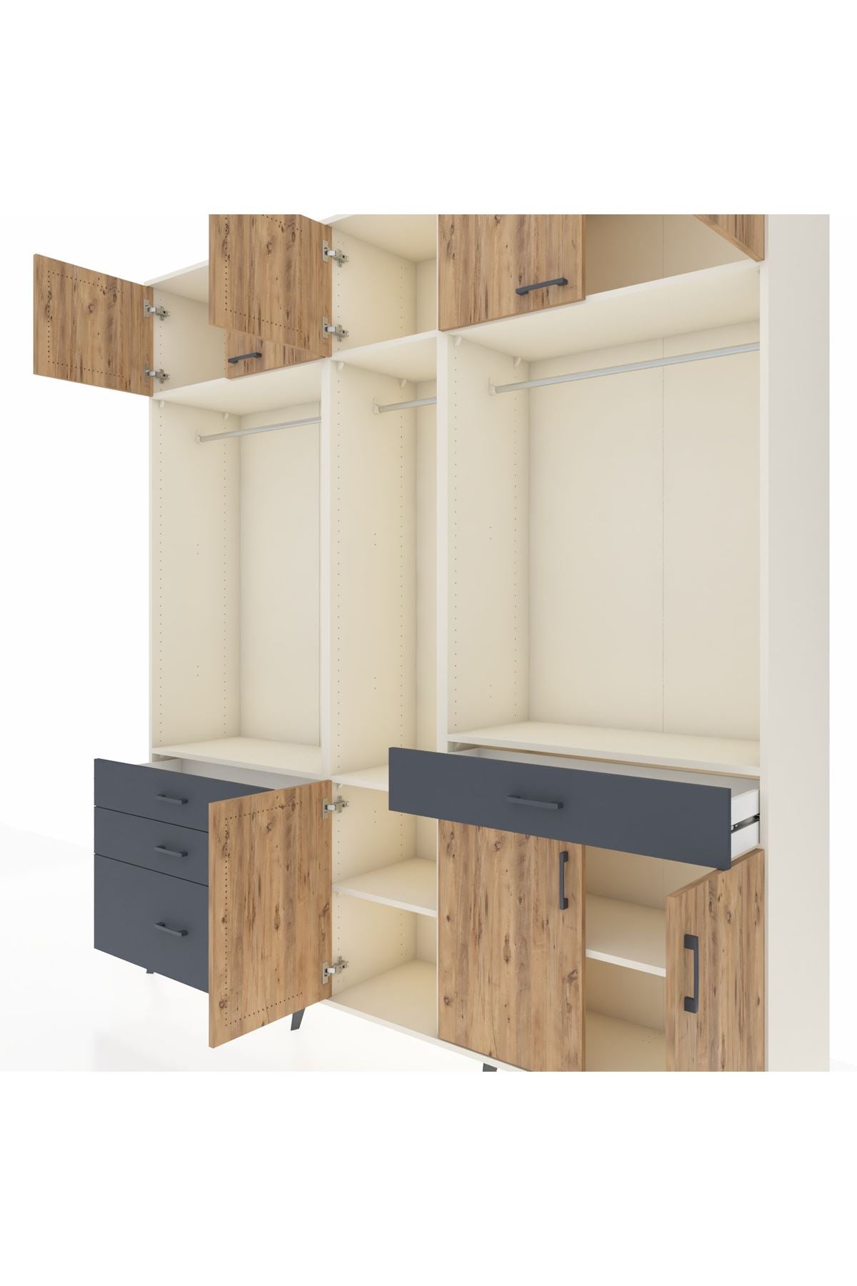 Hyperion Dolap 8 Raflı 4 Çekmeceli 3 Askılı 220x44x243 Aytaşı-Çam/Antrasit