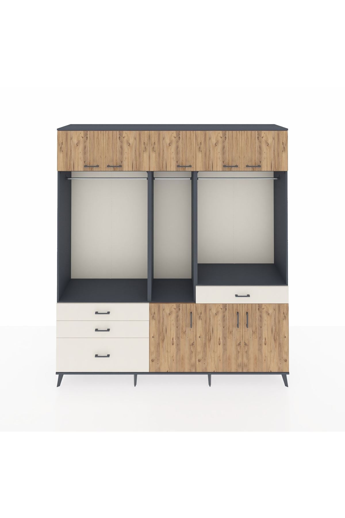 Hyperion Dolap 8 Raflı 4 Çekmeceli 3 Askılı 220x44x243 Antrasit-Çam/Aytaşı