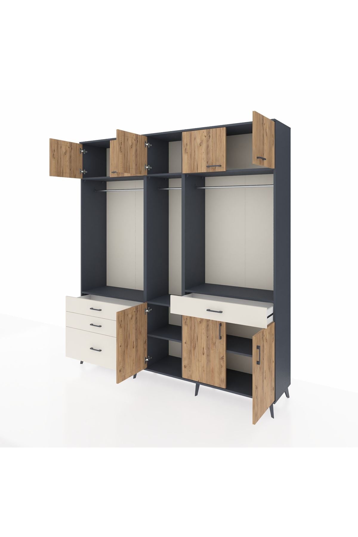 Hyperion Dolap 8 Raflı 4 Çekmeceli 3 Askılı 220x44x243 Antrasit-Çam/Aytaşı