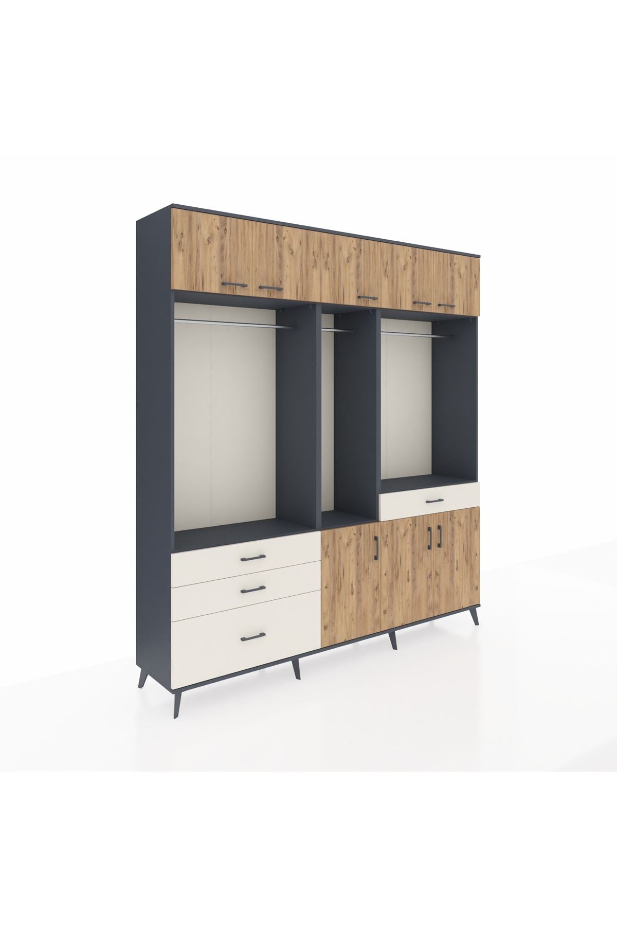 Hyperion Dolap 8 Raflı 4 Çekmeceli 3 Askılı 220x44x243 Antrasit-Çam/Aytaşı