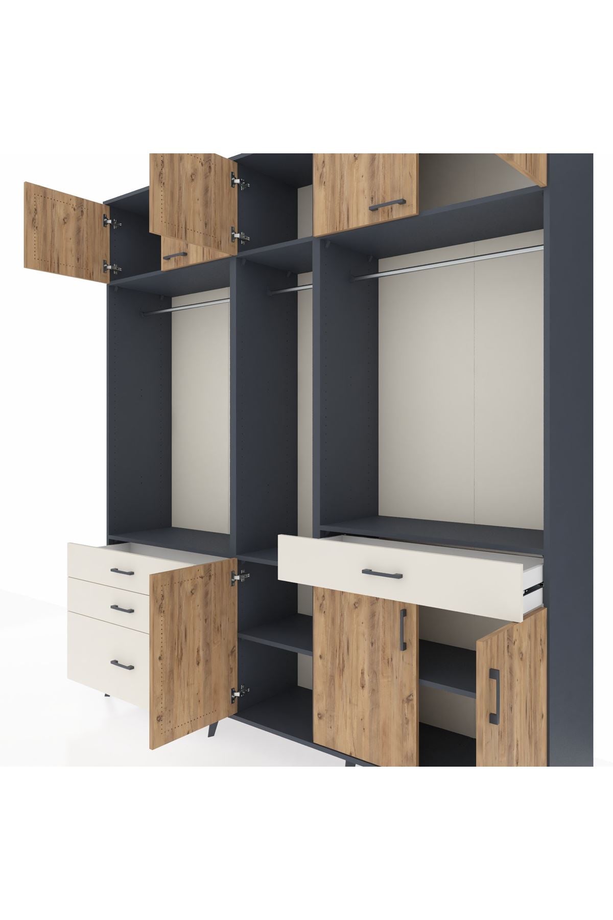 Hyperion Dolap 8 Raflı 4 Çekmeceli 3 Askılı 220x44x243 Antrasit-Çam/Aytaşı