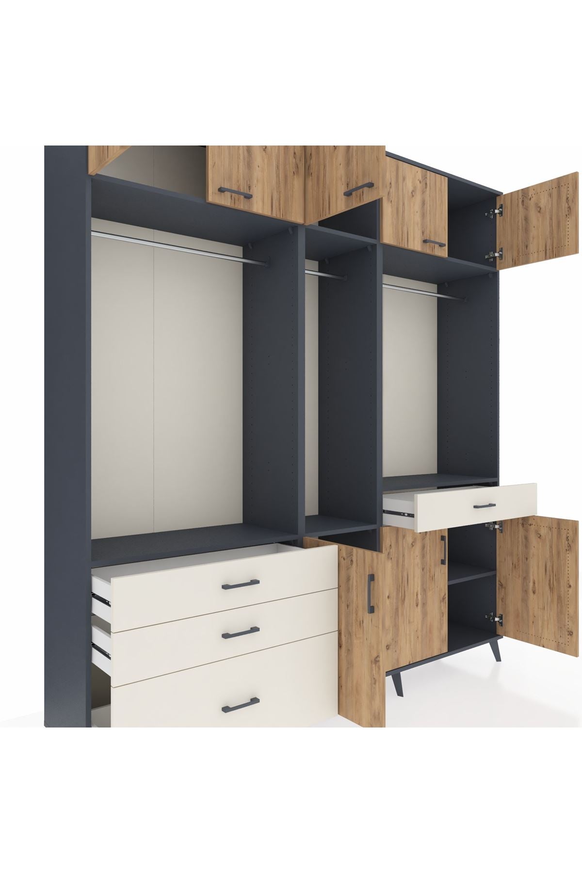 Hyperion Dolap 8 Raflı 4 Çekmeceli 3 Askılı 220x44x243 Antrasit-Çam/Aytaşı