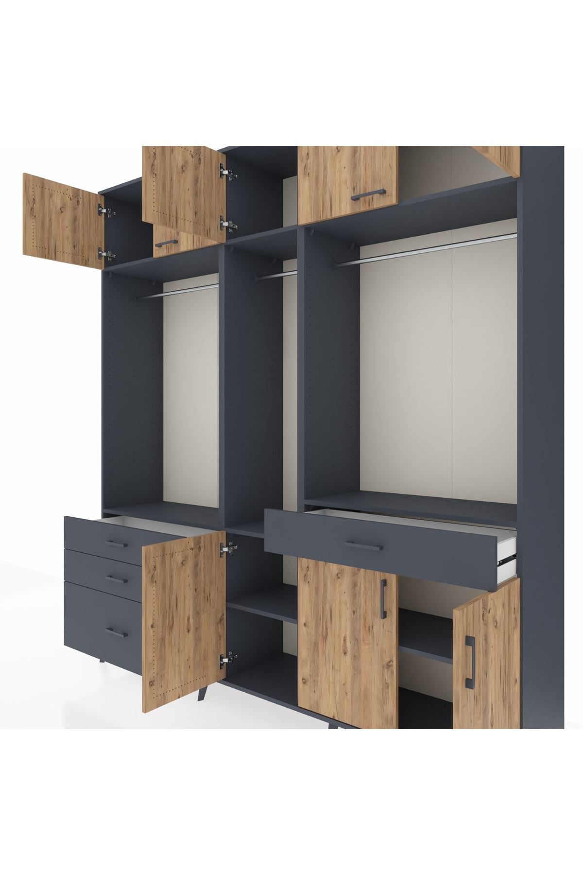 Hyperion Dolap 8 Raflı 4 Çekmeceli 3 Askılı 220x44x243 Antrasit-Çam/Antrasit