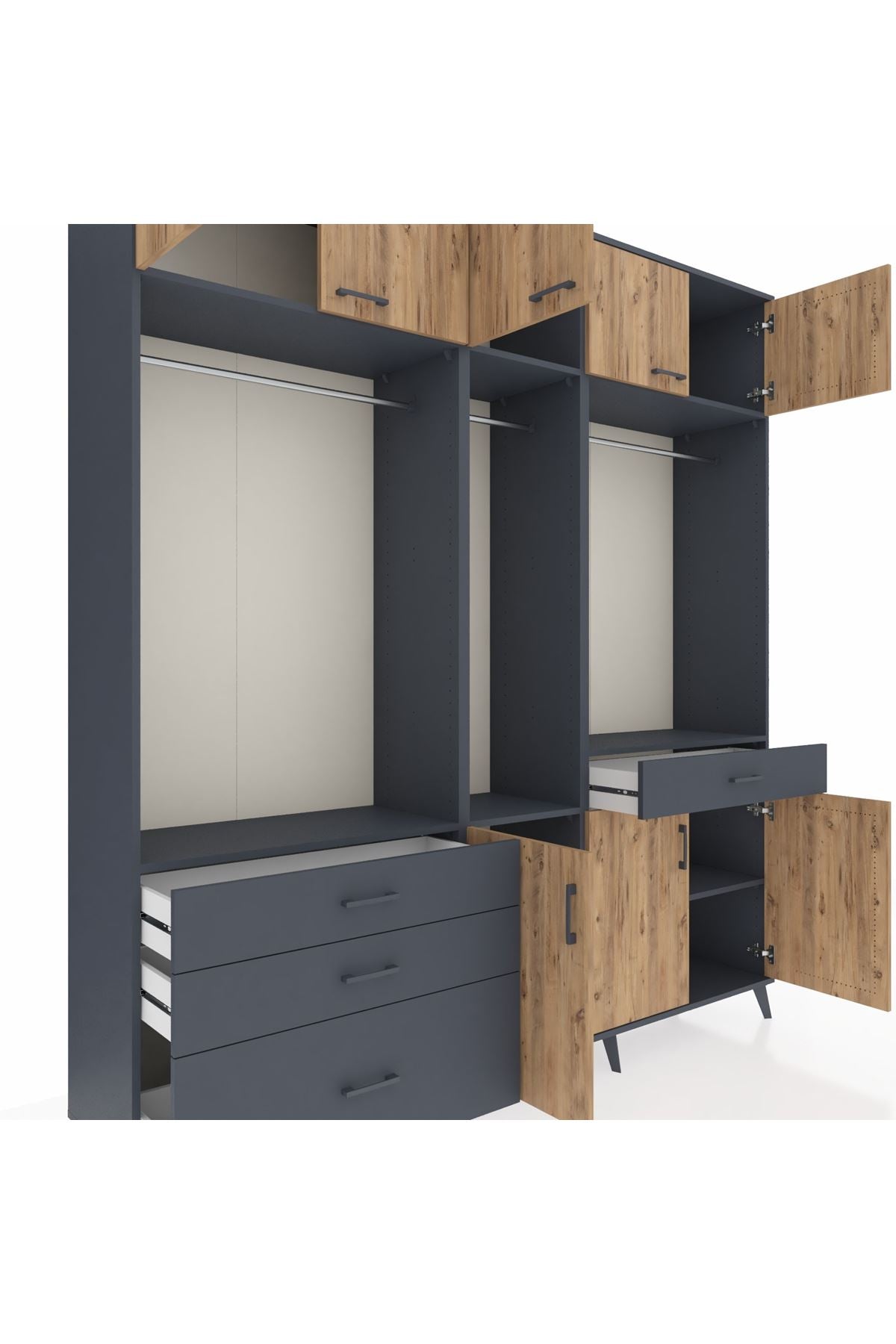 Hyperion Dolap 8 Raflı 4 Çekmeceli 3 Askılı 220x44x243 Antrasit-Çam/Antrasit