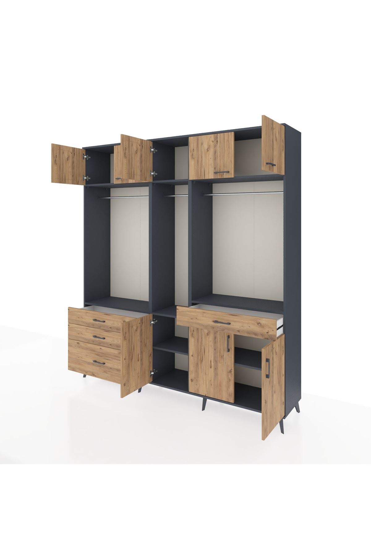 Hyperion Gardrop 8 Raflı 4 Çekmeceli 3 Askılı 220x44x243 Antrasit-Çam/Çam